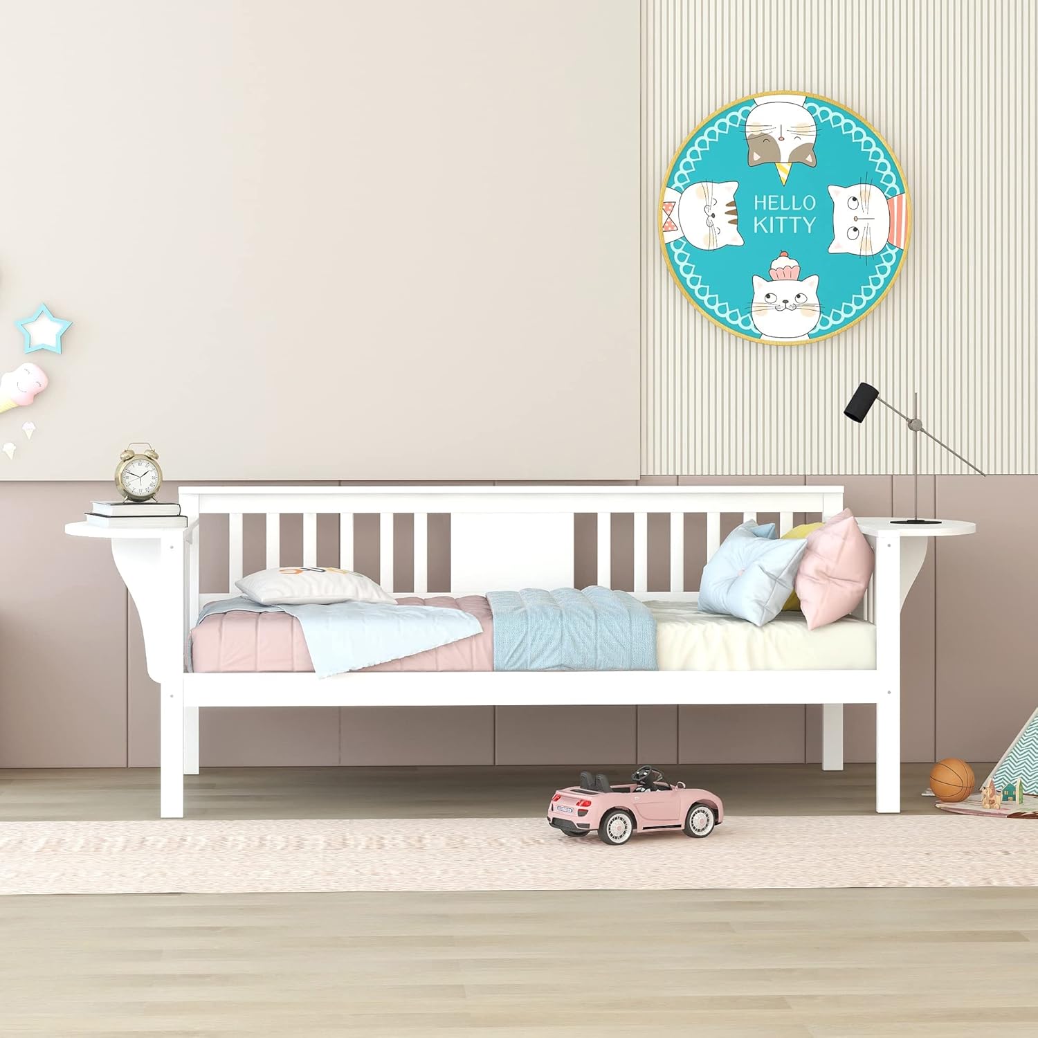 Sofá cama individual, marco de cama de madera para niños y adultos, sofá cama tamaño individual para dormitorio, sala de estar, color blanco