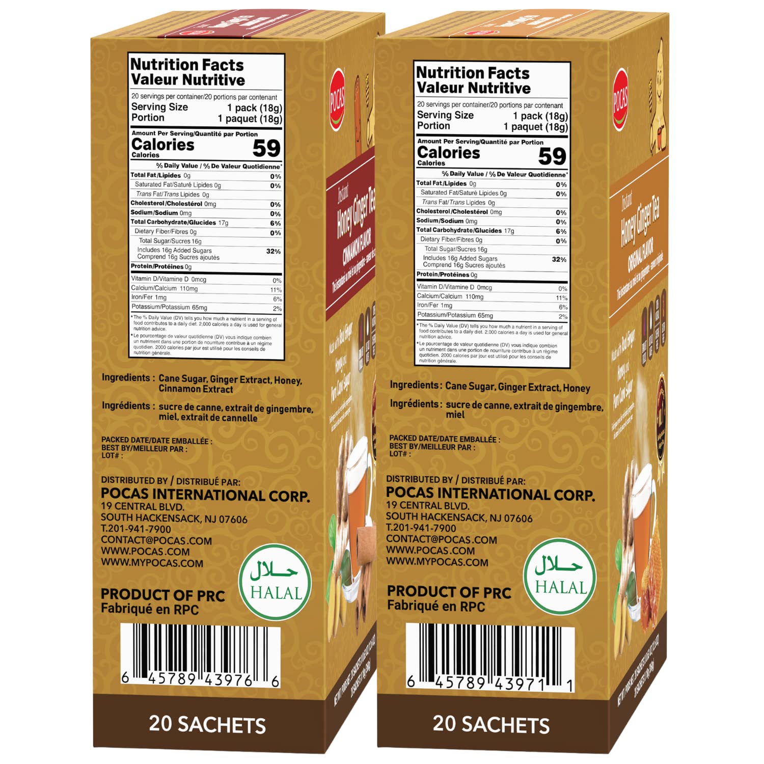 Pocas Honey Ginger Tea – Paquete variado de té instantáneo en polvo, té de cristales de miel de jengibre, sabores originales y canela, té sin OMG,
