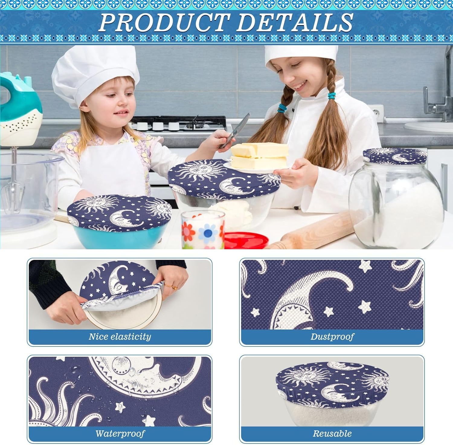 Sun Moon – 5 fundas elásticas reutilizables para cuencos para almacenamiento de alimentos, tapas de tela elástica con 5 tamaños diferentes, tapas de