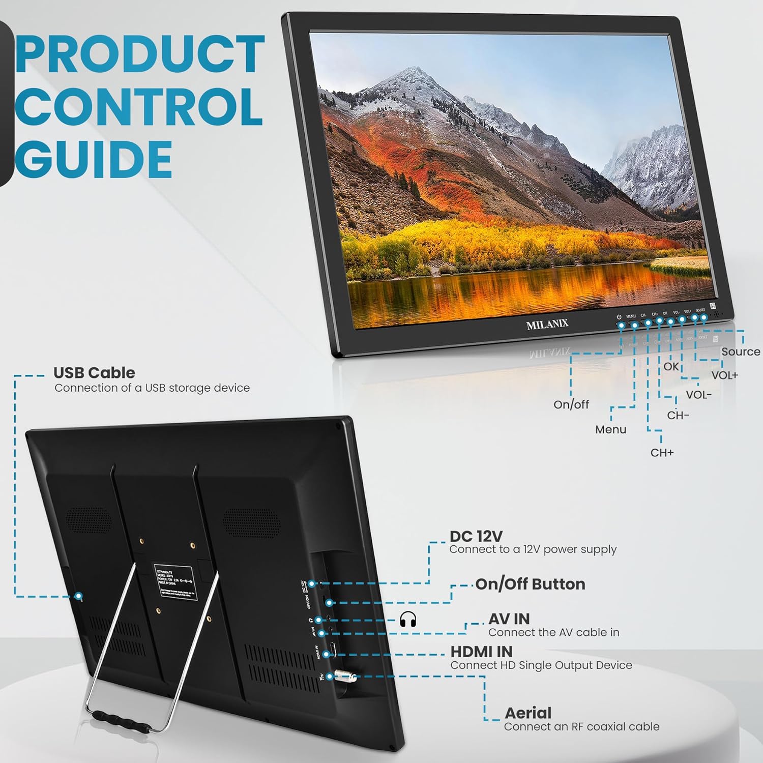 Monitor portátil de TV LCD de 19 pulgadas 1080P recargable con HDMI integrado, USB, soporte, entrada AV, sintonizador digital, antena, CACC y