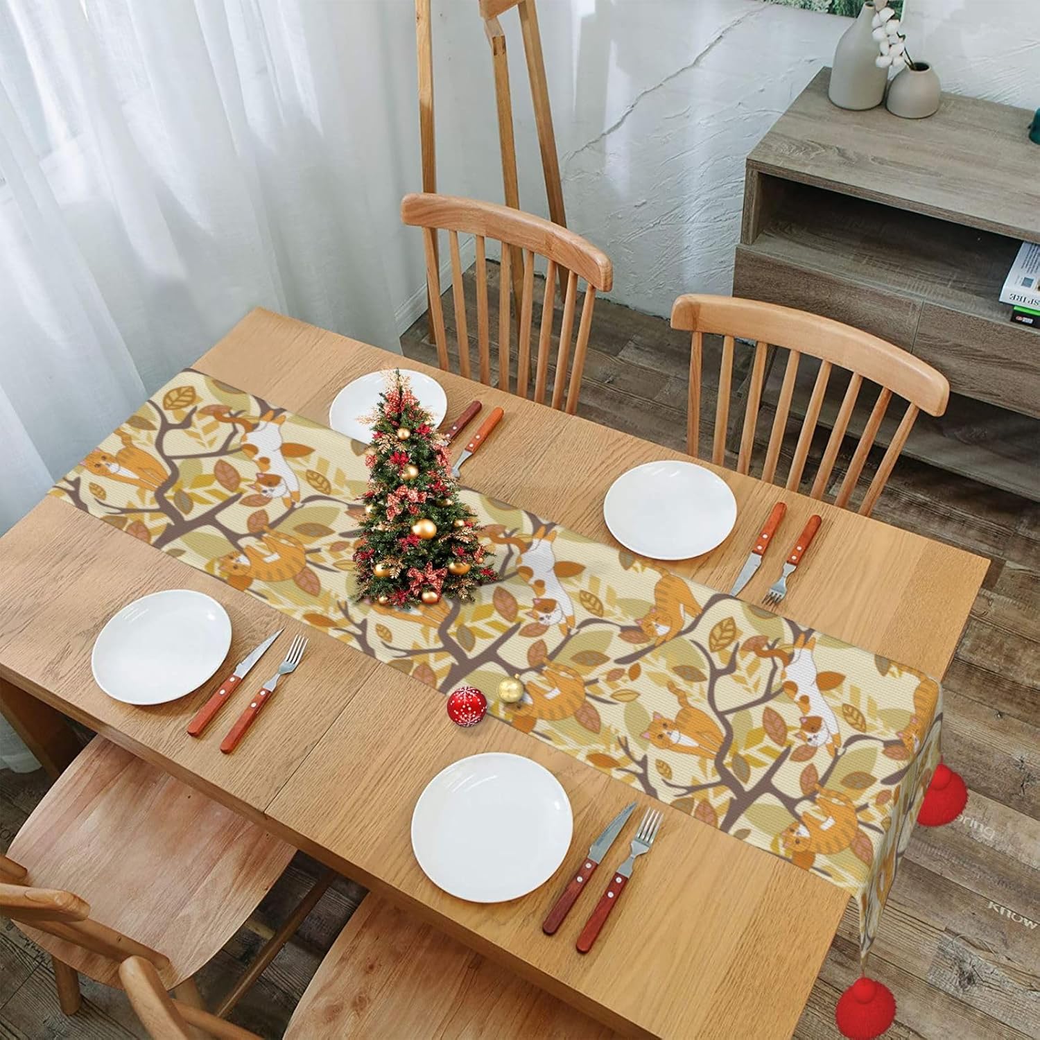 Cat on Tree Christmas Table Runner Dining Table Decor Christmas Decorations Indoor Home Decor Christmas Table Runners Xmas Navidad Decoracion 2023