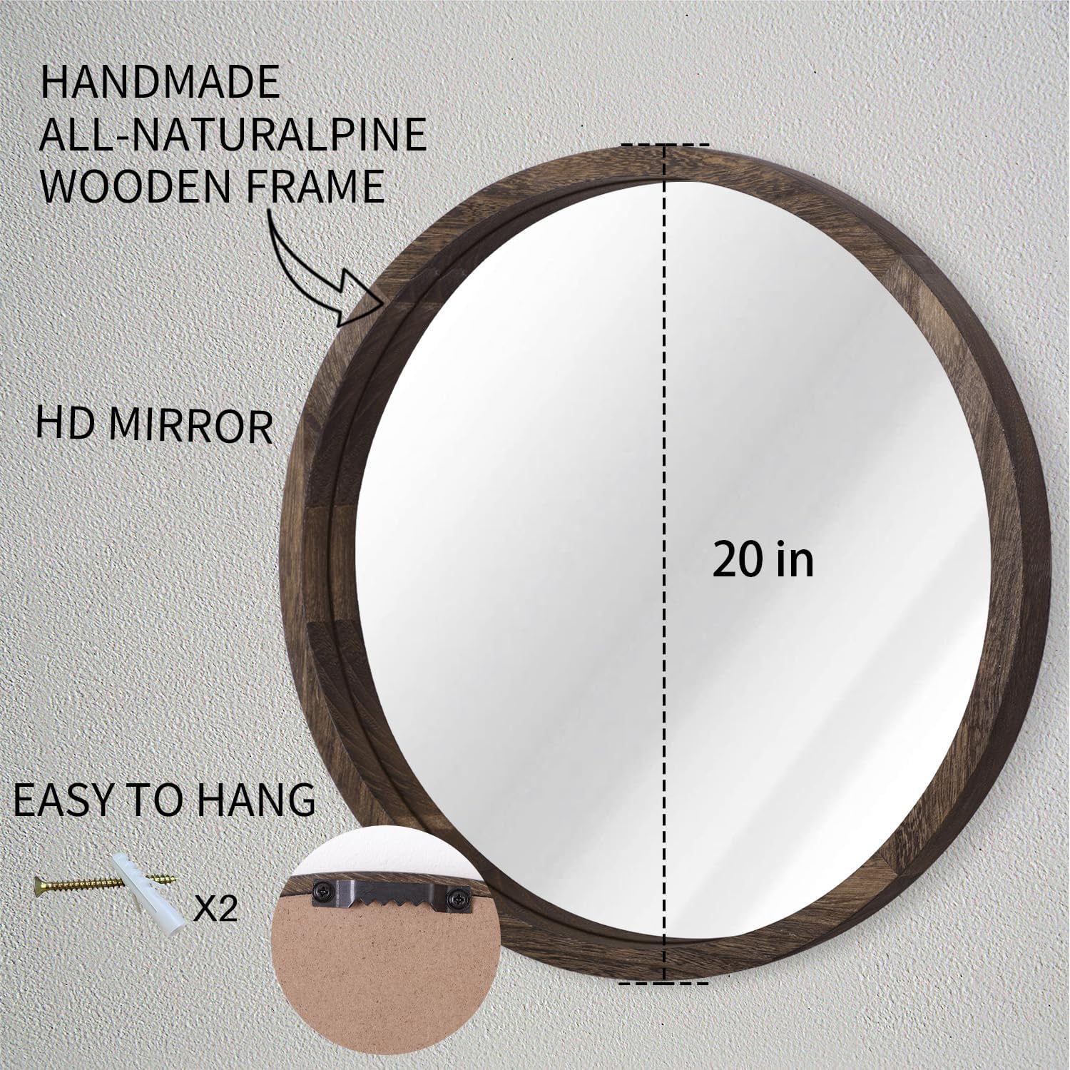 JJUUYOU Espejos redondos grandes para espejo circular de pared para baño, espejo circular redondeado de 20 pulgadas, con marco de madera, espejo de