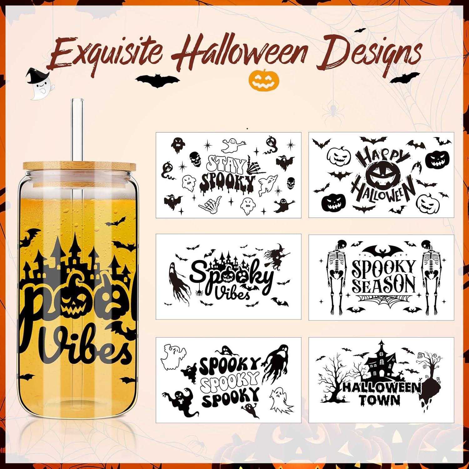 6 tazas de Halloween de 16 onzas, tarro de Halloween con tapa, popote para café, helado, cerveza, cristalería, galletas, regalo, botellas de agua