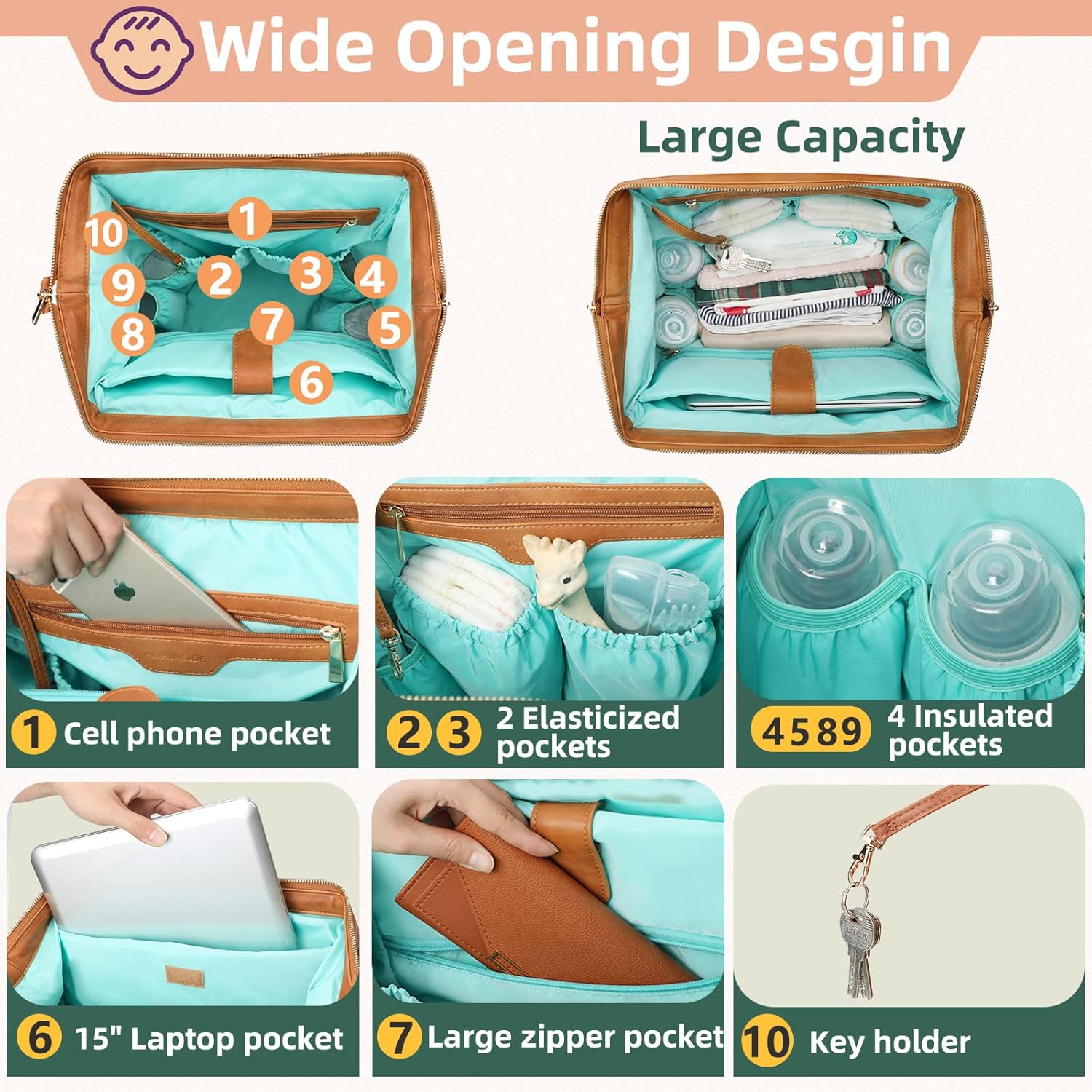 MOMINSIDE Mochila para pañales, bolsas cruzadas para mujer, mochila de cuero para mamá y papá, bolsa grande de viaje para bebés para niños y niñas,