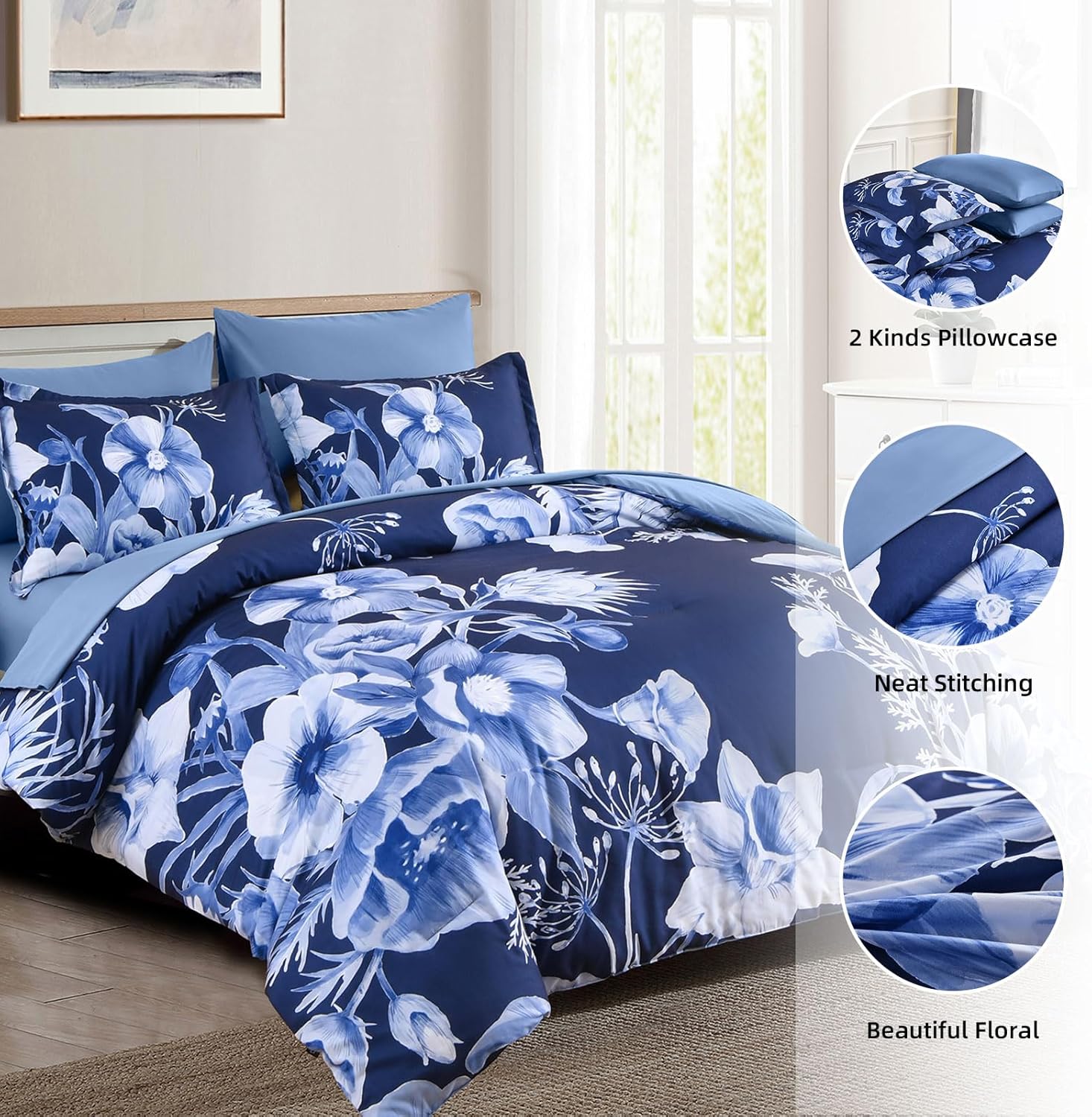 Luxudecor Juego de edredón floral tamaño King de 7 piezas, cama de flores azul marino en una bolsa, elegante edredón floral con juego de sábanas,