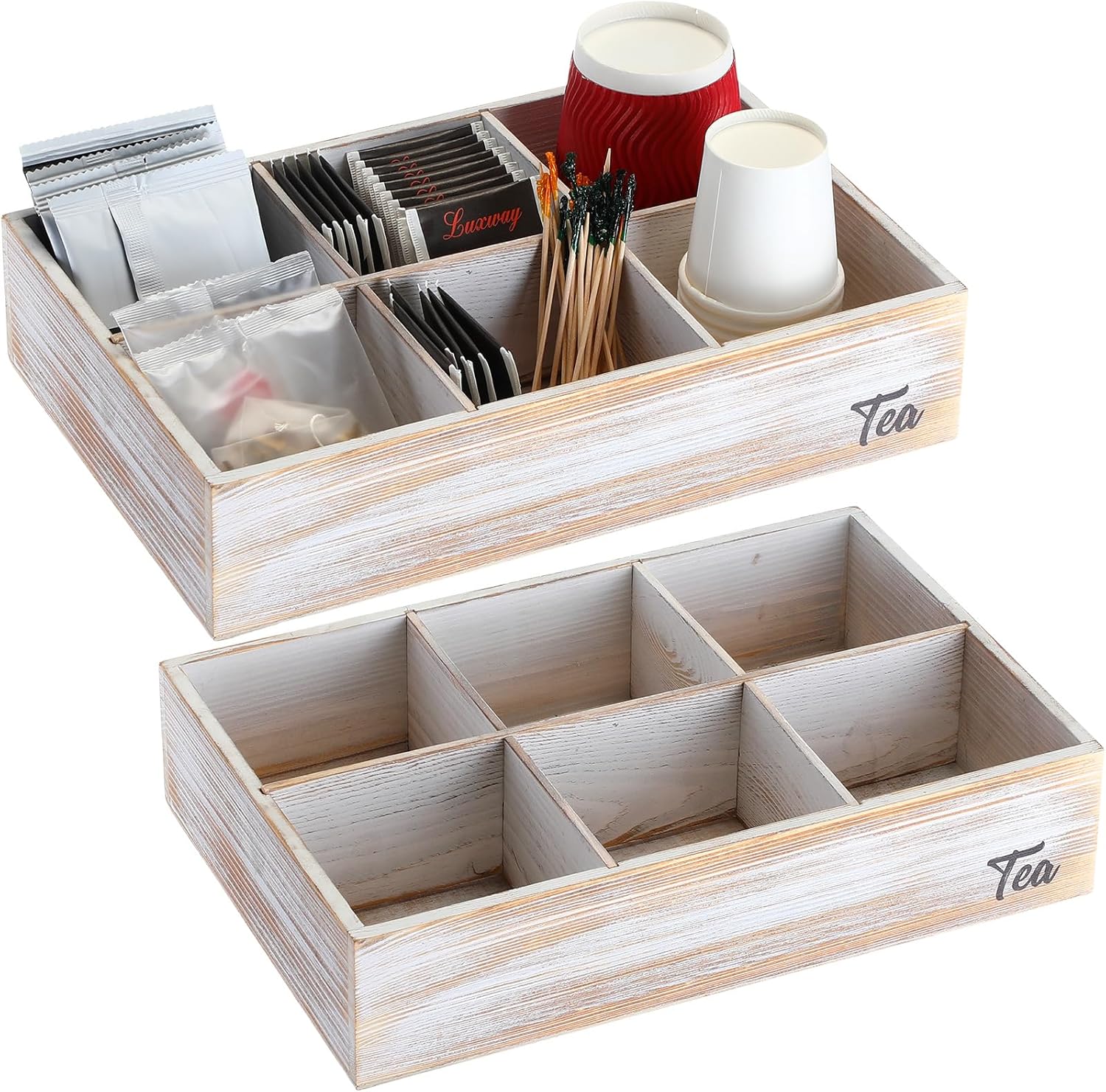 2 soportes de madera para bolsitas de té con 6 compartimentos, soporte para paquetes de azúcar de madera encalada, organizador de bolsas de té para