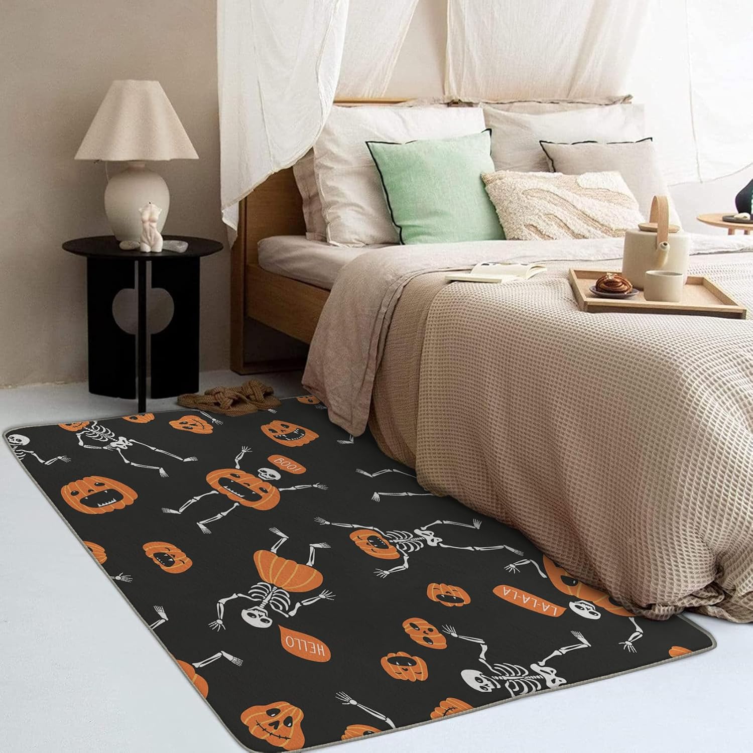 Alfombra de esqueleto de 2 x 3 pies, alfombra de Halloween, alfombras divertidas para entrada, sala de estar, dormitorio, alfombra de calabaza,