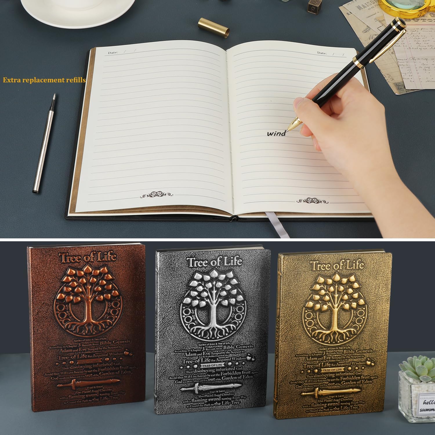 Tree of Life – Cuaderno de cuero en relieve con bolígraforecargafunda para bolígrafo, diario de viaje A5, cuaderno de tapa dura 3D, regalo para