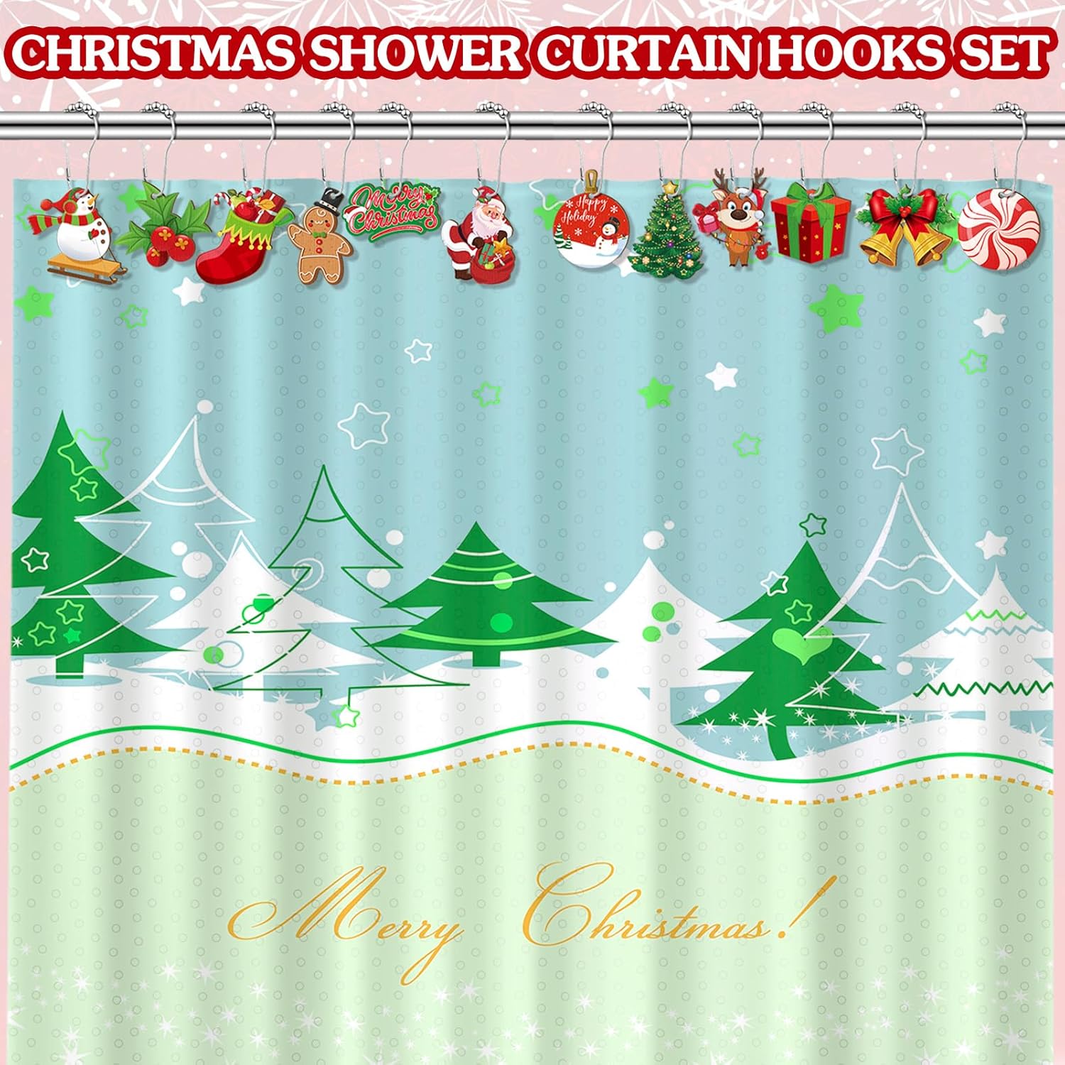 Juego de 24 ganchos de cortina de ducha de Navidad, anillos decorativos de Papá Noel, muñeco de nieve, árbol de nieve, ganchos resistentes a la