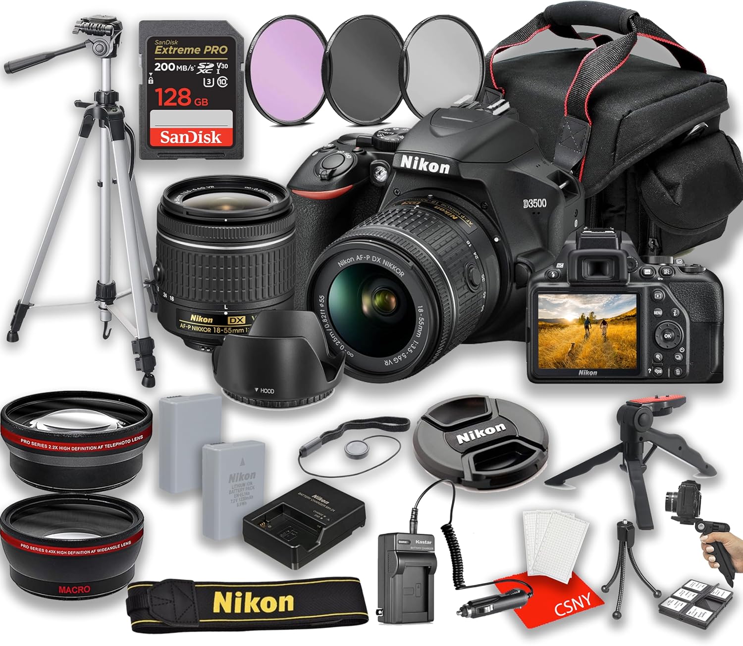 Nikon Paquete de cámara D3500 DSLR con lente VR de 0.709-2.165 in + memoria Extreme Pro Speed de 128 GB + filtros, lentes, funda de trípode, 2