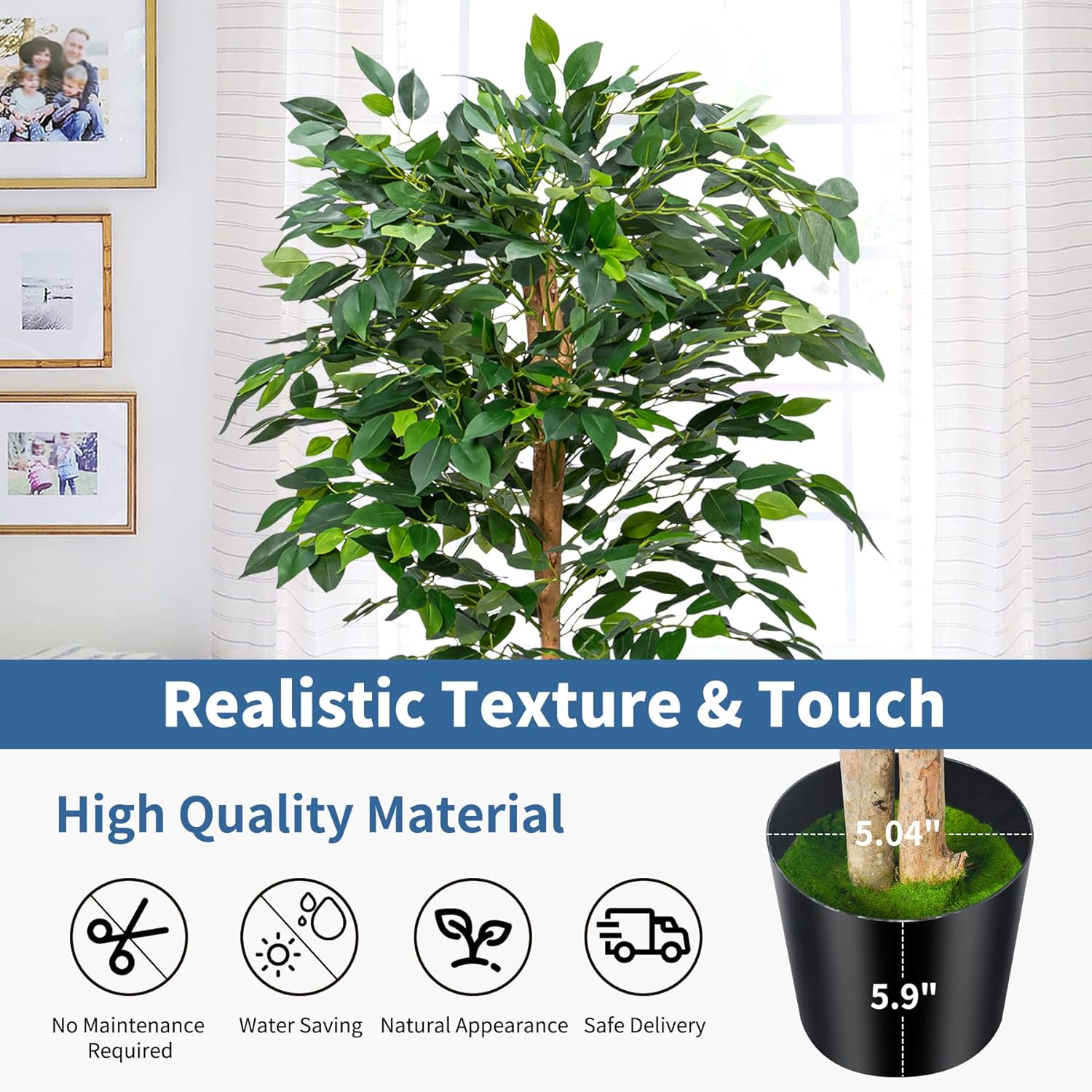 Plantas artificiales de ficus, árboles de eucalipto con hojas de seda, musgo falso y maceta resistente, plantas falsas para decoración de oficina y