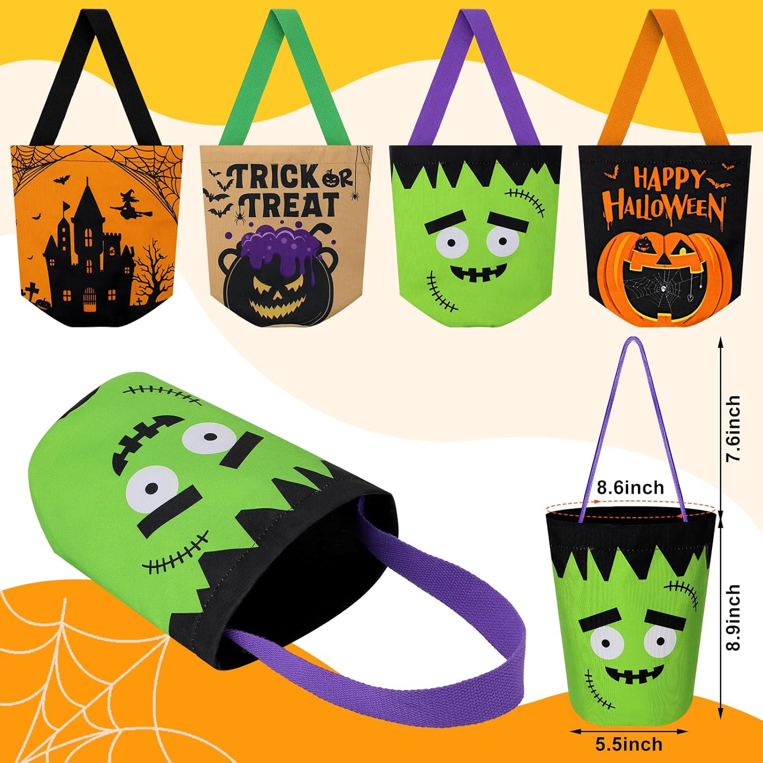 4 bolsas de Halloween para trucos o tratos, plegable, de lona, para caramelos, calabaza, murciélago, cubo de golosinas, cubo de golosinas