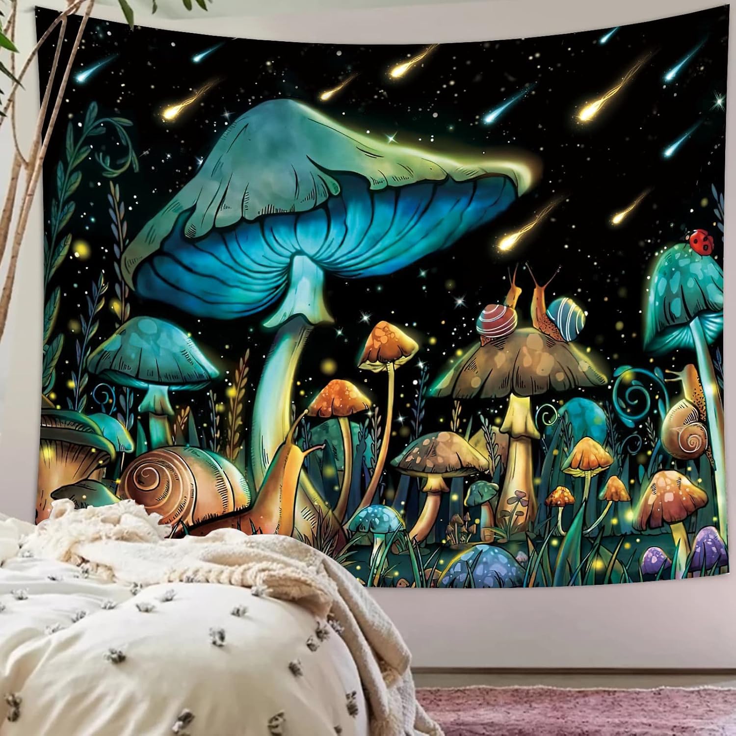 ARTCREATOR Tapiz anime de hongos, lluvia de meteoros, caracol, lindo tapiz para dormitorio, tapiz estético para colgar en la pared para dormitorio