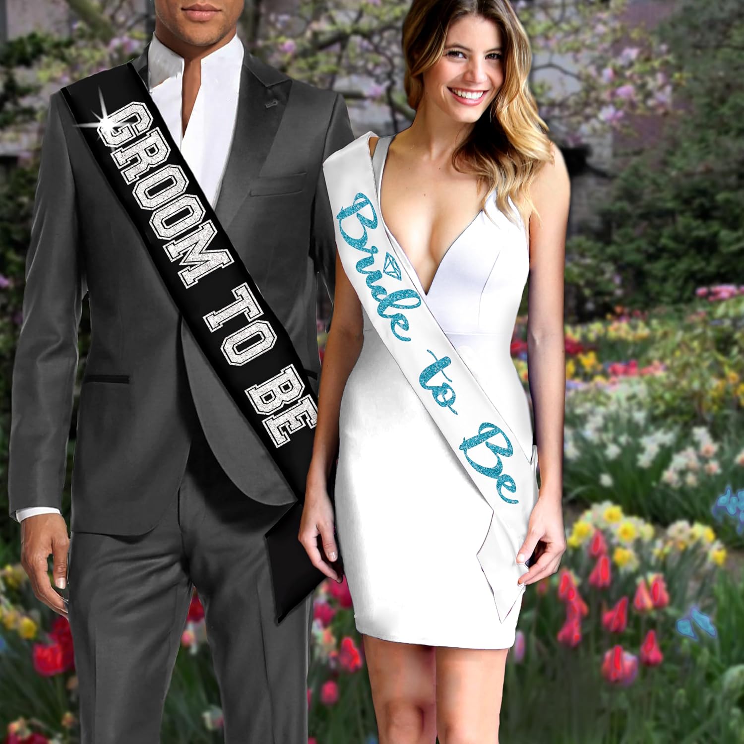 Juego de 2 bandas para novios de novia, color turquesa brillante, banda de satén blanco y banda de satén deportiva plateada para novio a ser negro,