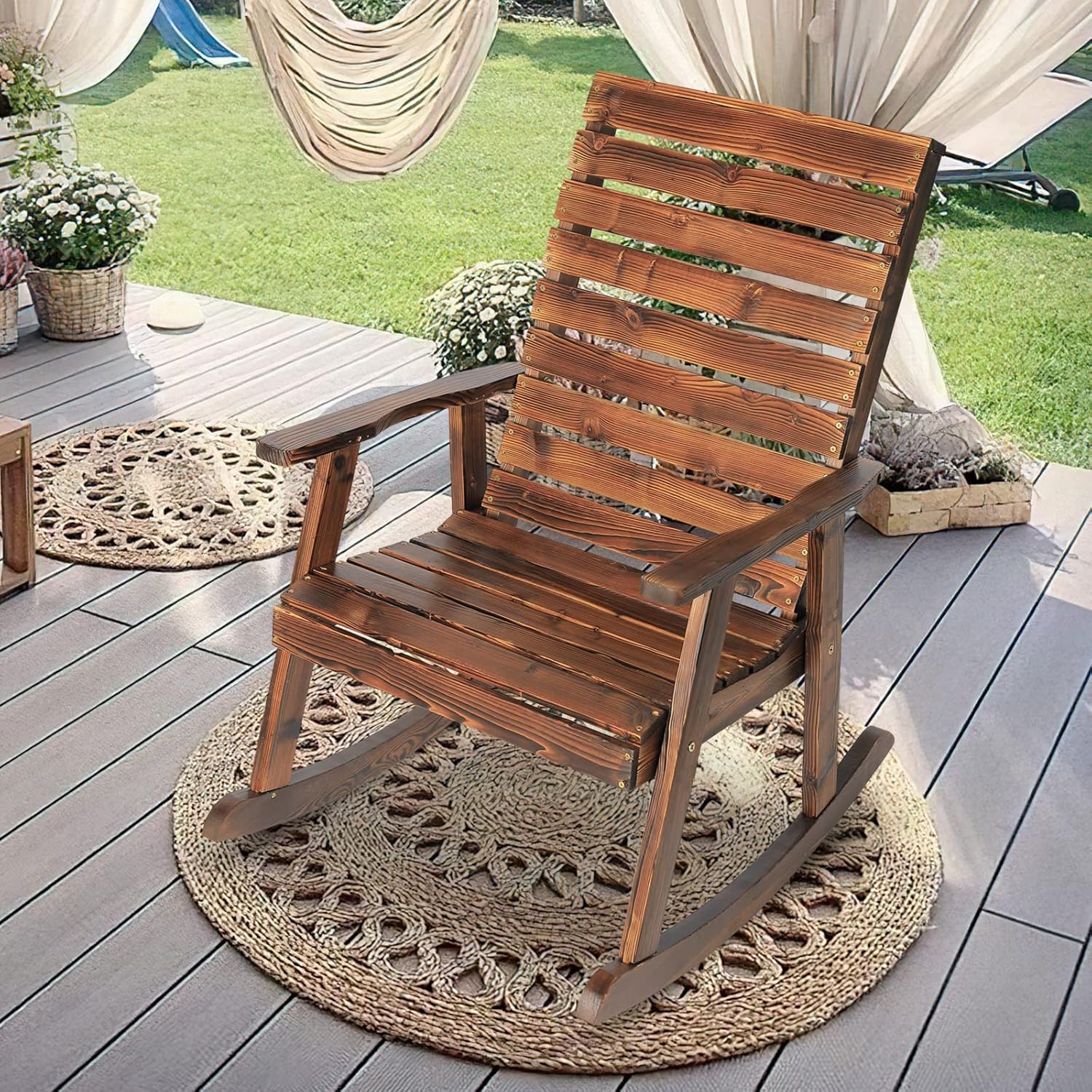 Mecedora de madera para exteriores, mecedora de porche de madera rústica con respaldo alto para interiores, patio trasero, patio, natural