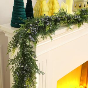 Jutom Guirnalda de vinilo navideño de enebro y bayas artificiales de enebro con bayas, guirnalda de enebro realista resistente a la intemperie, para Jutom Guirnalda de vinilo navideño de enebro y bayas artificiales de enebro con bayas, guirnalda de enebro realista resistente a la intemperie, para