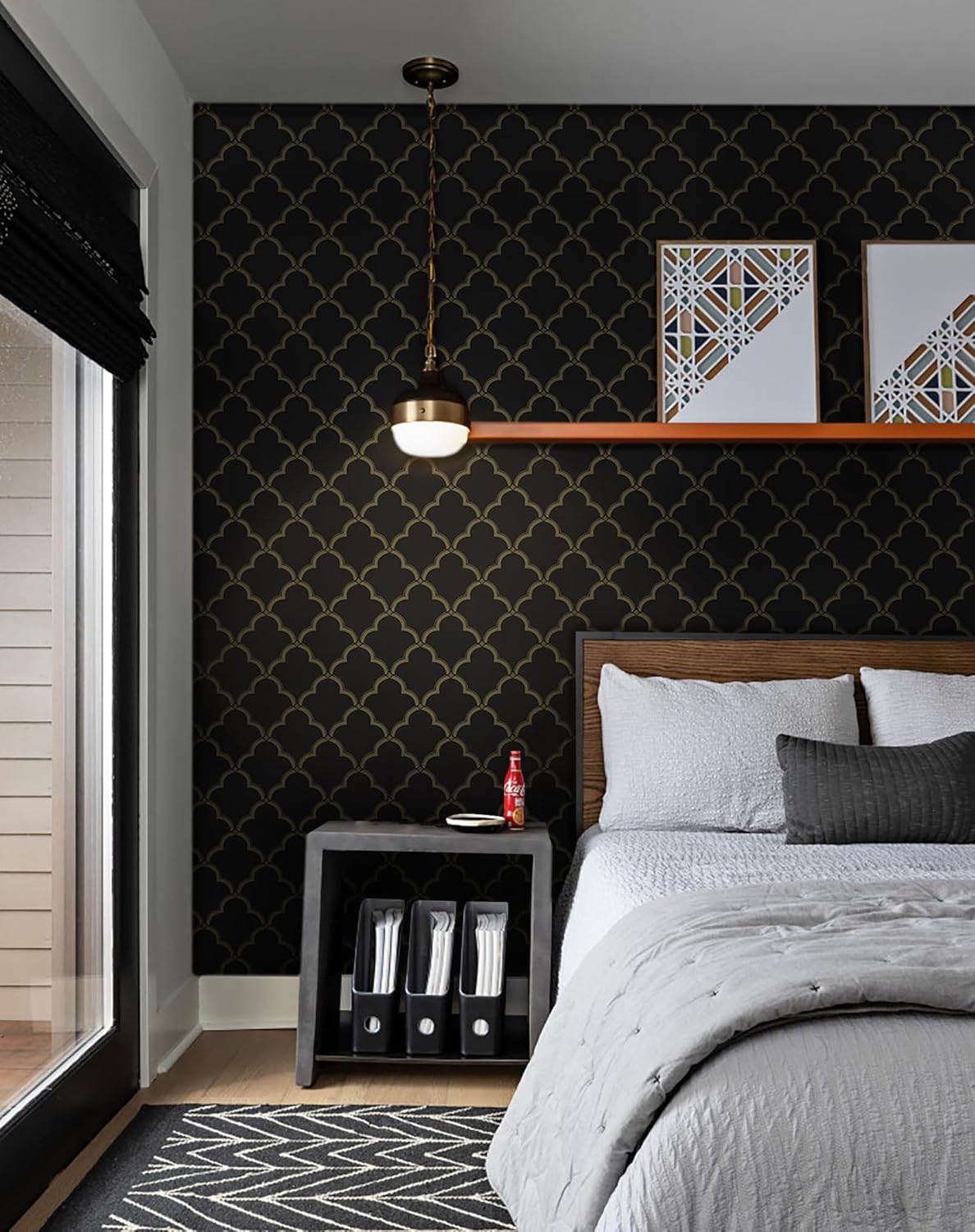 Hopepak Papel tapiz de 17.3 x 394 pulgadas, papel tapiz geométrico negro y dorado, autoadhesivo, extraíble, para gabinete, dormitorio, enrejado