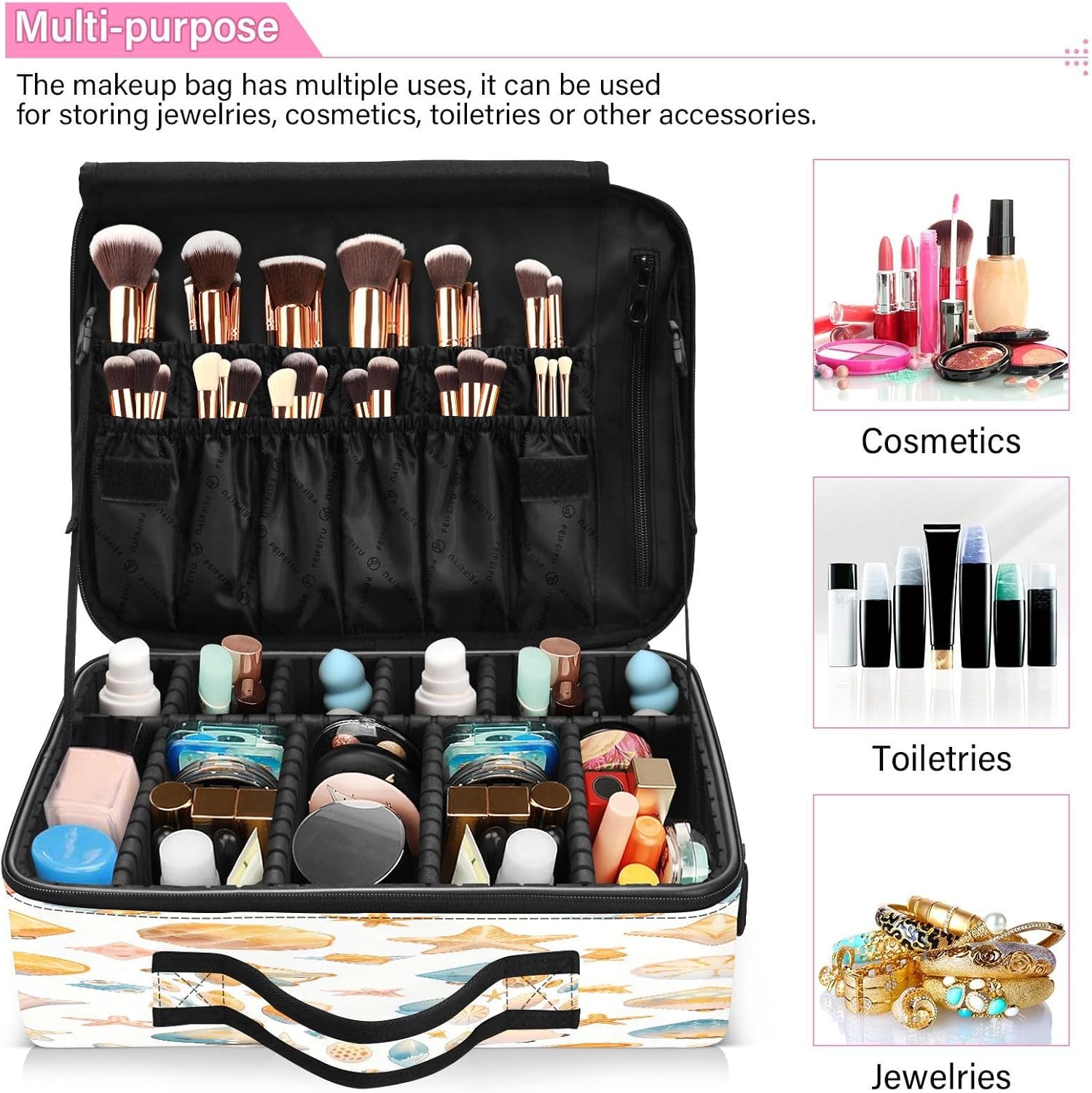 Shells Ocean Waves Beach Starfish White cosmetic bag travel toiletry makeup make up travel bag bag with compartments large travel makeup bag bolso