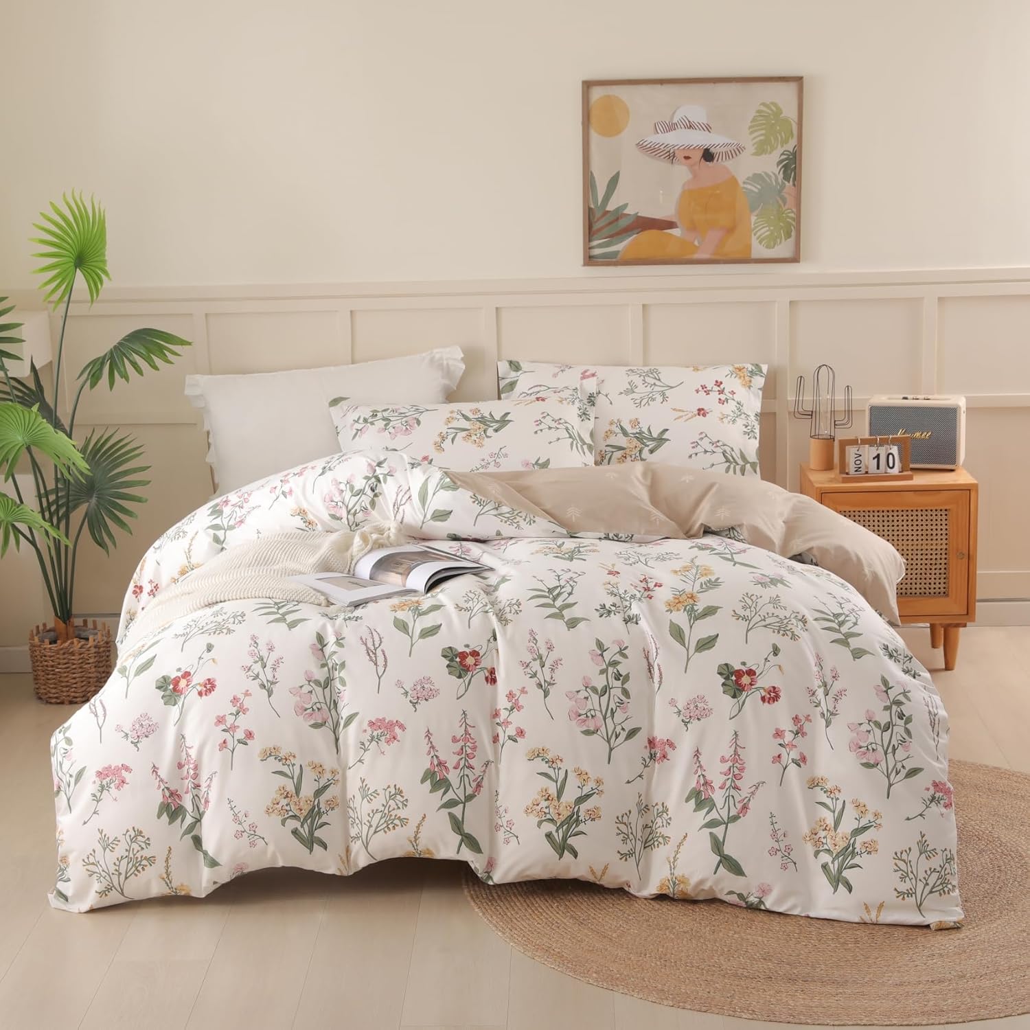 OAITE Funda de edredón tamaño individual  100% algodón, funda de edredón floral de 3 piezas, funda de edredón transpirable con cierre de cremallera