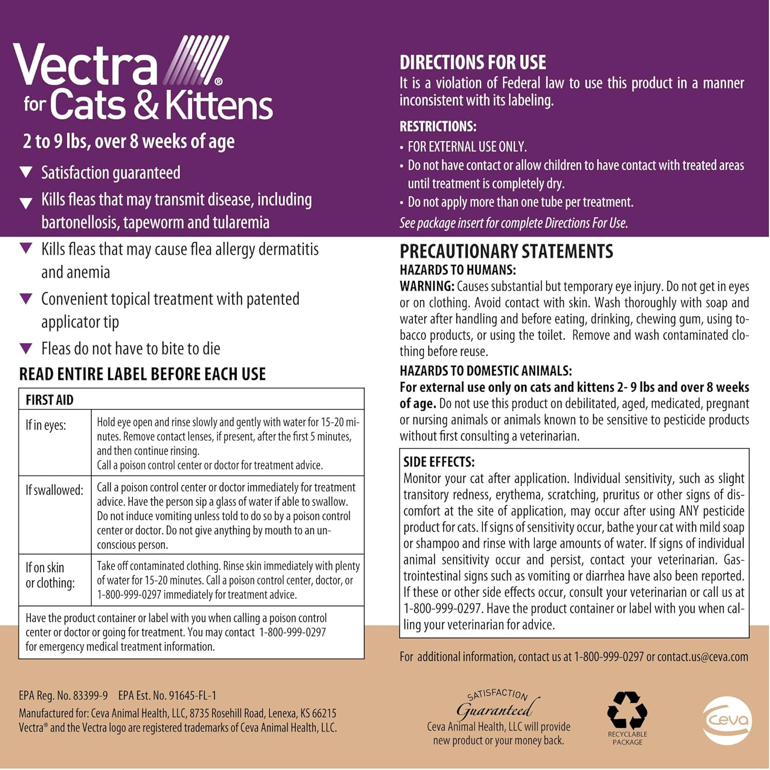 Vectra Bronceado para gatos y gatitos 2-9 libras 6 dosis