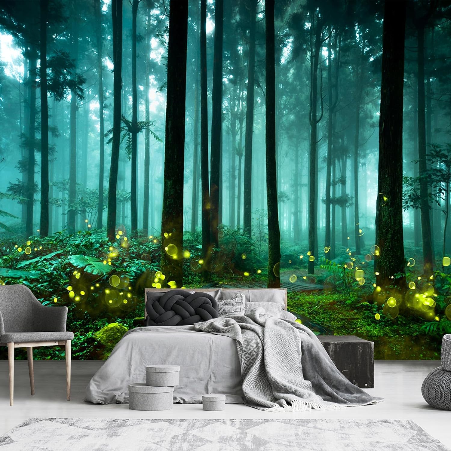 YQWDMX – Papel tapiz verde con bosque encantado para decoración de pared de fondo de dormitorio infantil (no se puede despegar ni pegar)