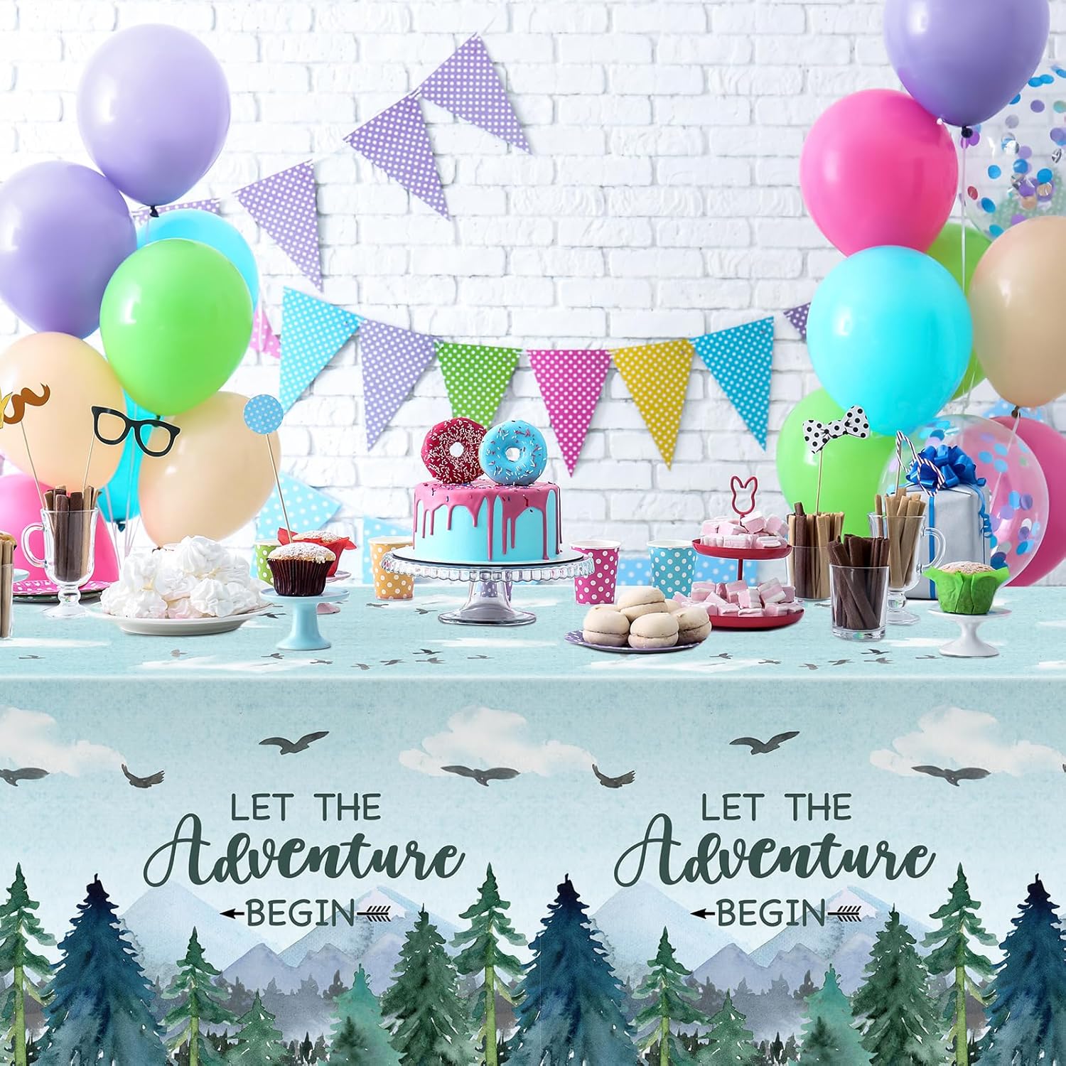 Mantel de 3 piezas con texto en inglés “Adventure Awaits Let The Adventure Begin”, mantel rectangular desechable de plástico para baby shower,