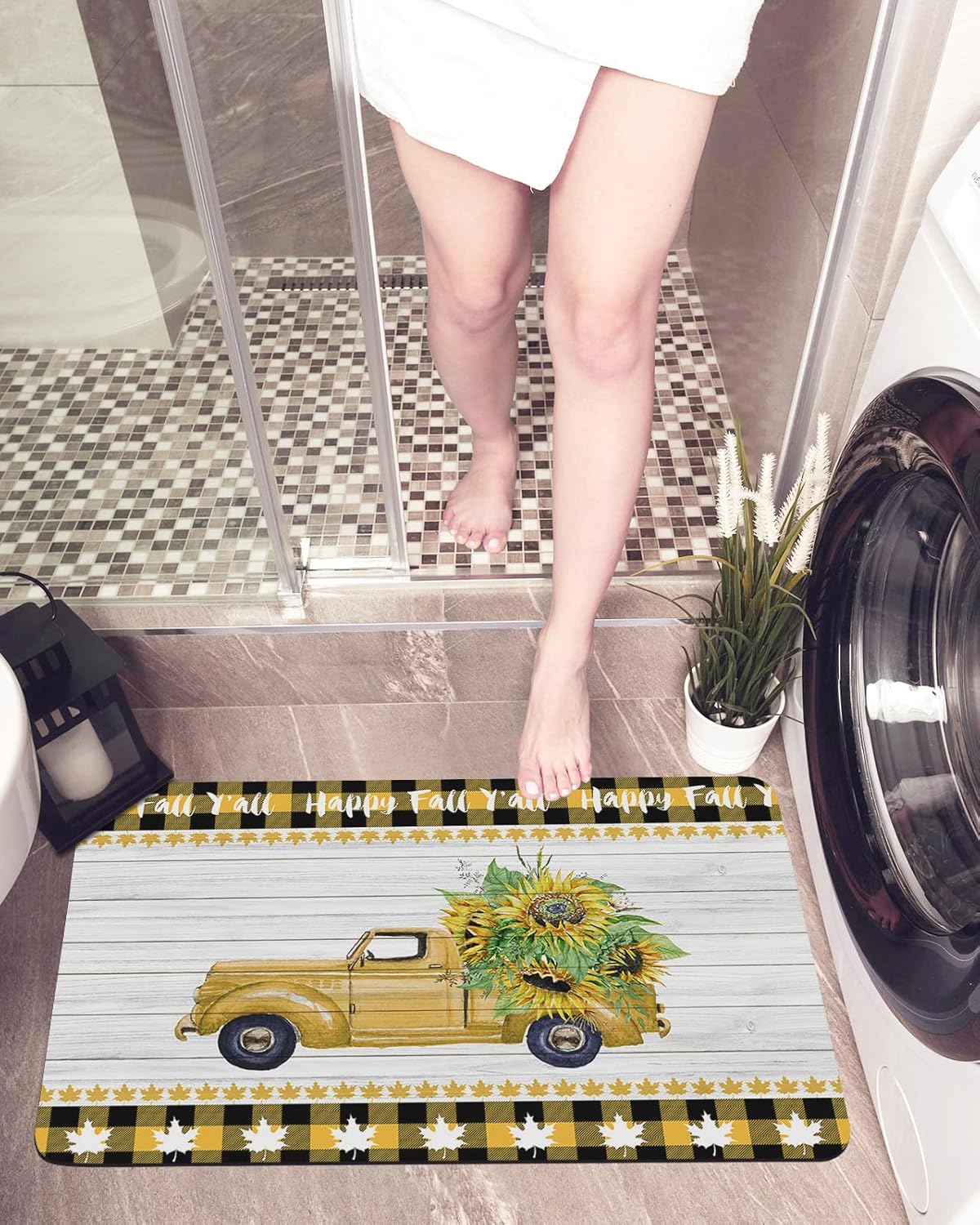 Bath Mat,Happy Fall Y’all Thanksgiving Truck Sunflower Maple Leaf Wooden Yellow Black Plaid Thin Mat Bathroom Quick Dry Rug Entrance Non Slip Rubber