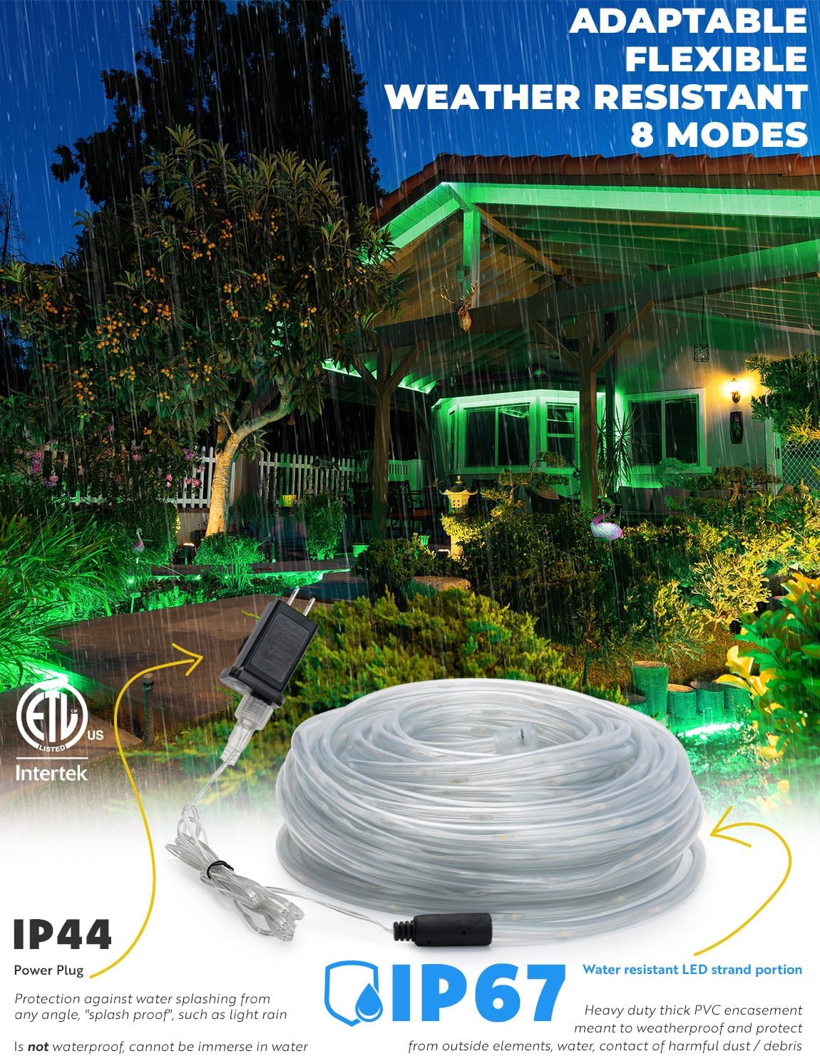 WYZworks Cuerda de luz LED verde de 100 pies, 8 modos, iluminación impermeable para exteriores con control remoto, tubo transparente flexible,