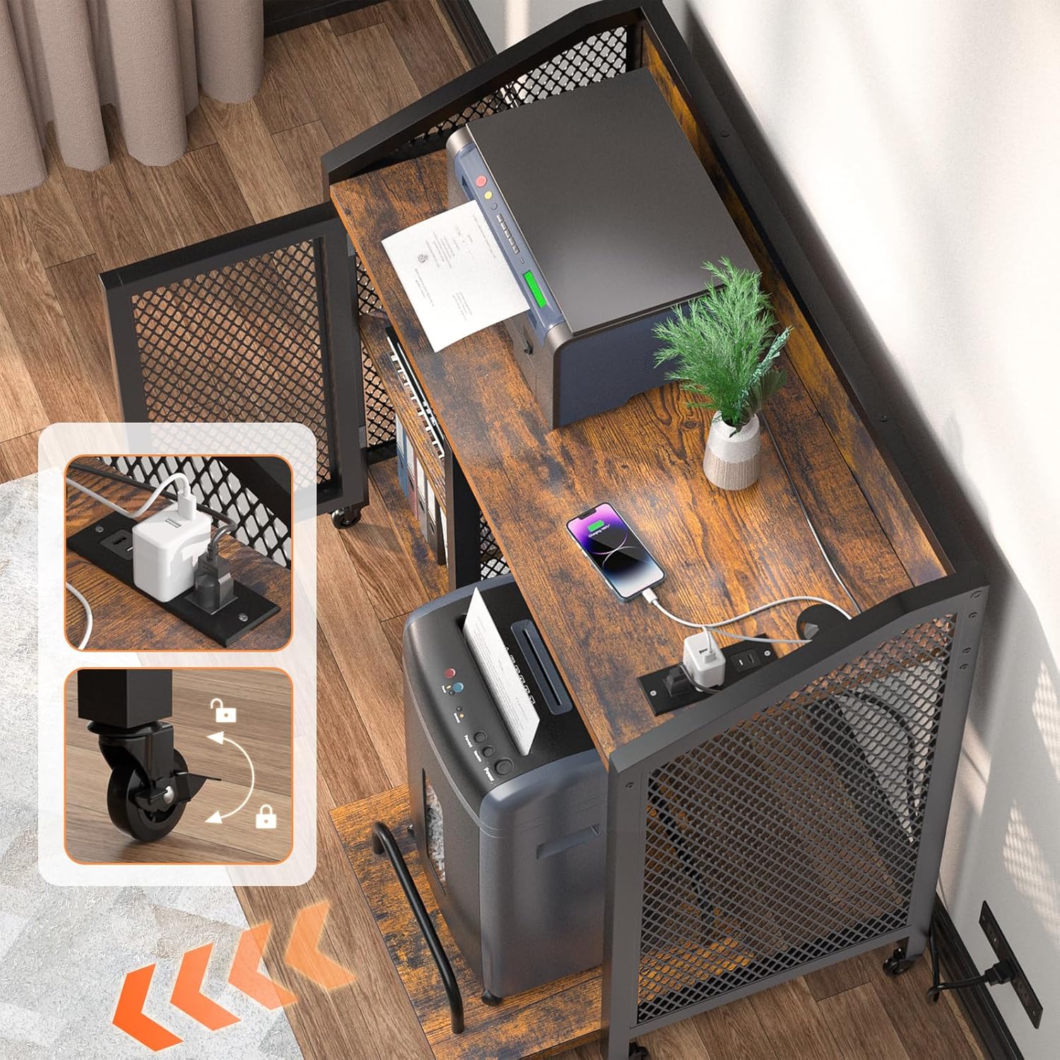 LOWOSA Soportes de impresora para el hogar de 3 niveles con almacenamiento, archivador rodante con estación de carga, mesa de impresora, mesa