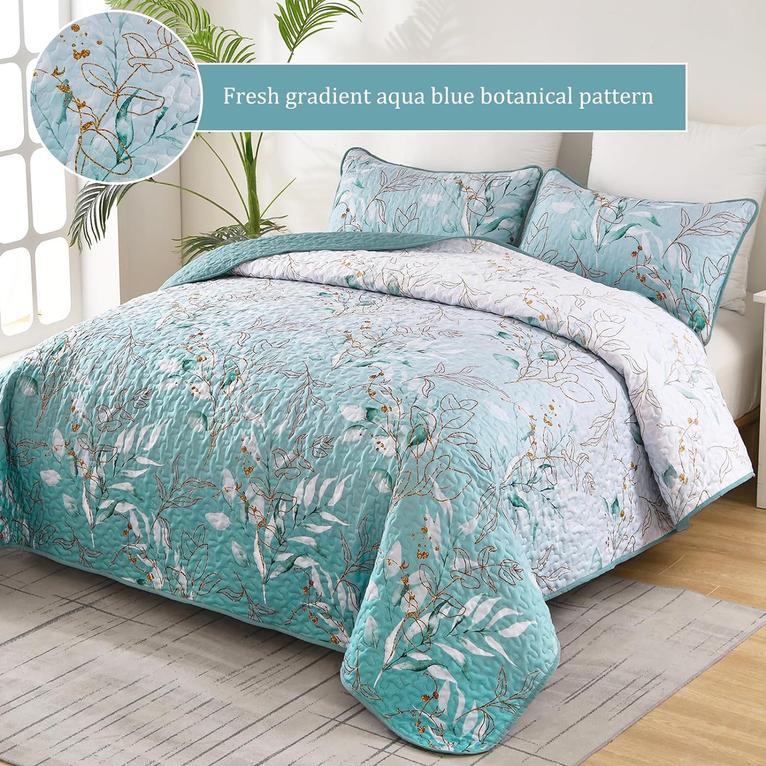 Aninbedding – Juego de edredón floral tamaño King, juego de colcha de 3 piezas con patrón botánico verde aguamarina para todas las estaciones, juego