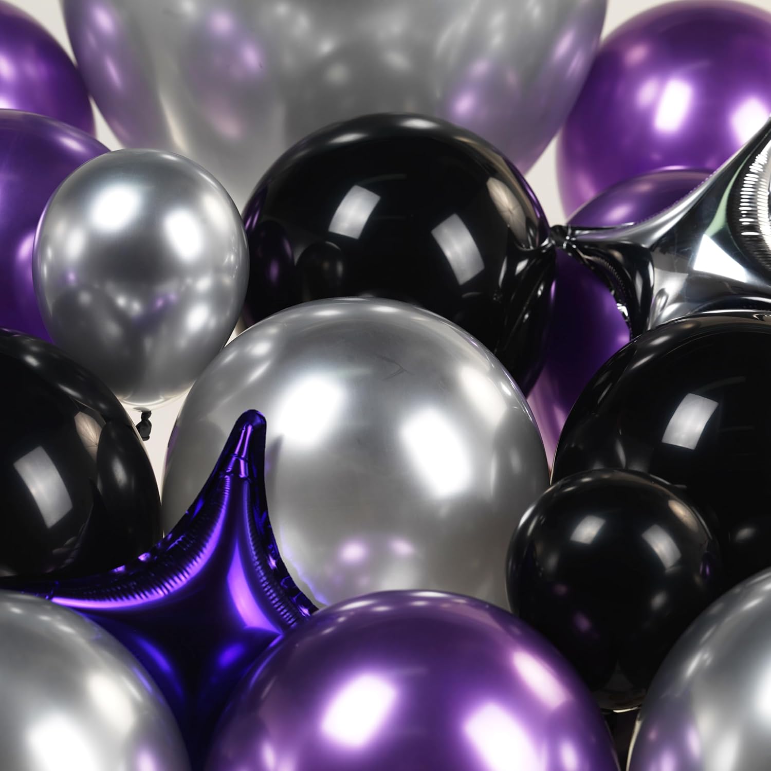 Kit de guirnalda de globos cromados, morados, negros y plateados, 126 piezas con globos de estrella grandes para mujer, aniversario de cumpleaños