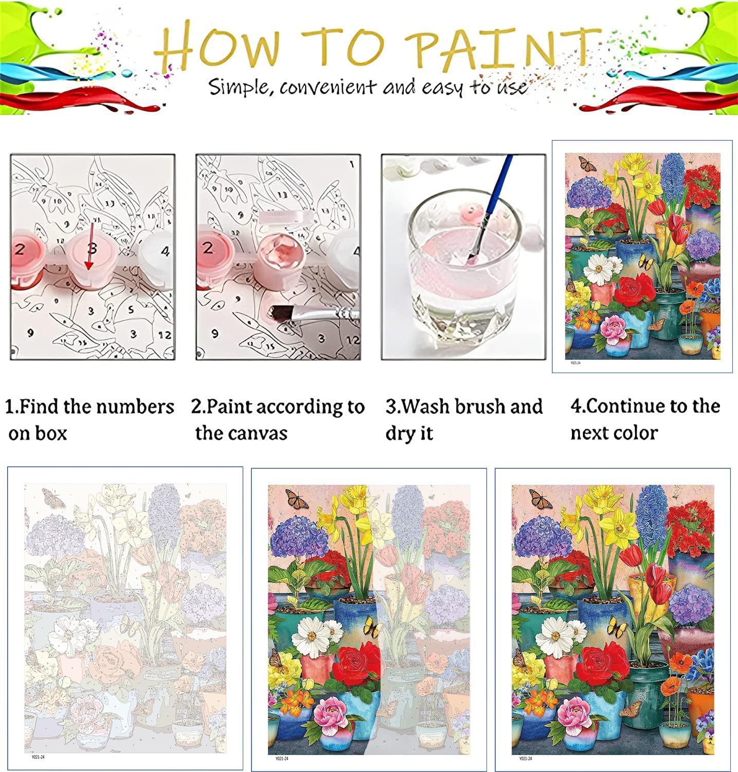 hkejoi Kit de pintura por números para adultos, lienzo para adultos, kit de pintura por números, flores acrílicas por números para adultos para