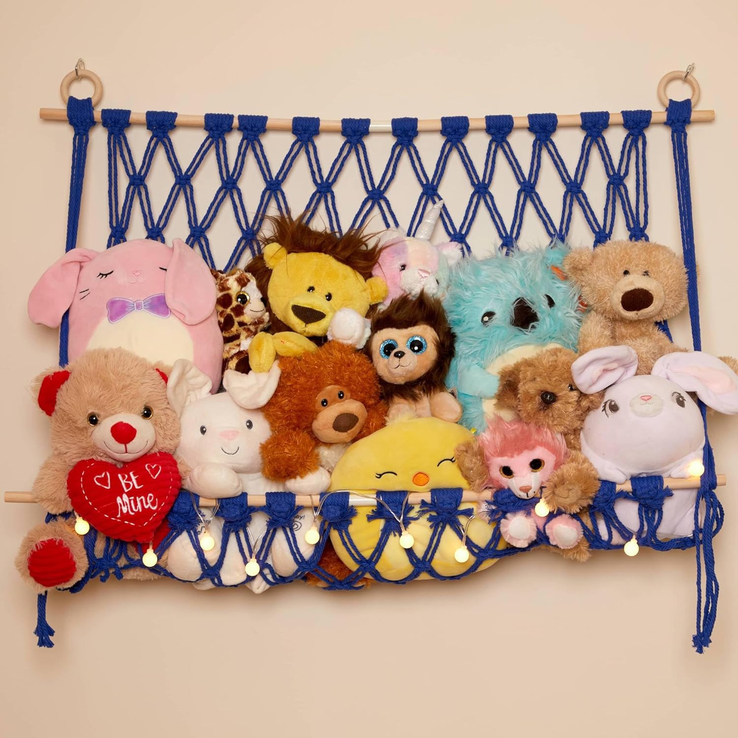 Lilly’s Love Hamaca de macramé de animales de peluche con cadena de luces, soporte de red grande de estilo bohemio para juguetes de niños,