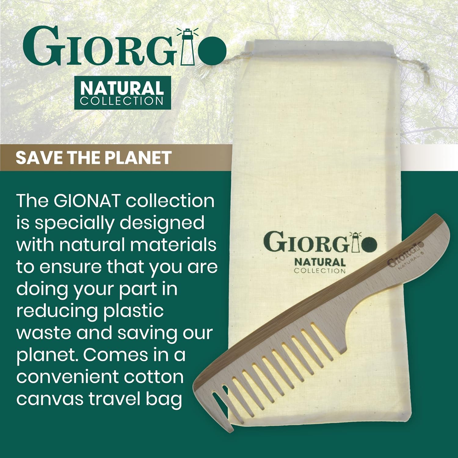 Giorgio GIONAT5 Peine desenredante de madera natural con mango cómodo, peine de dientes anchos para cabello rizado, peines de bambú y madera de haya