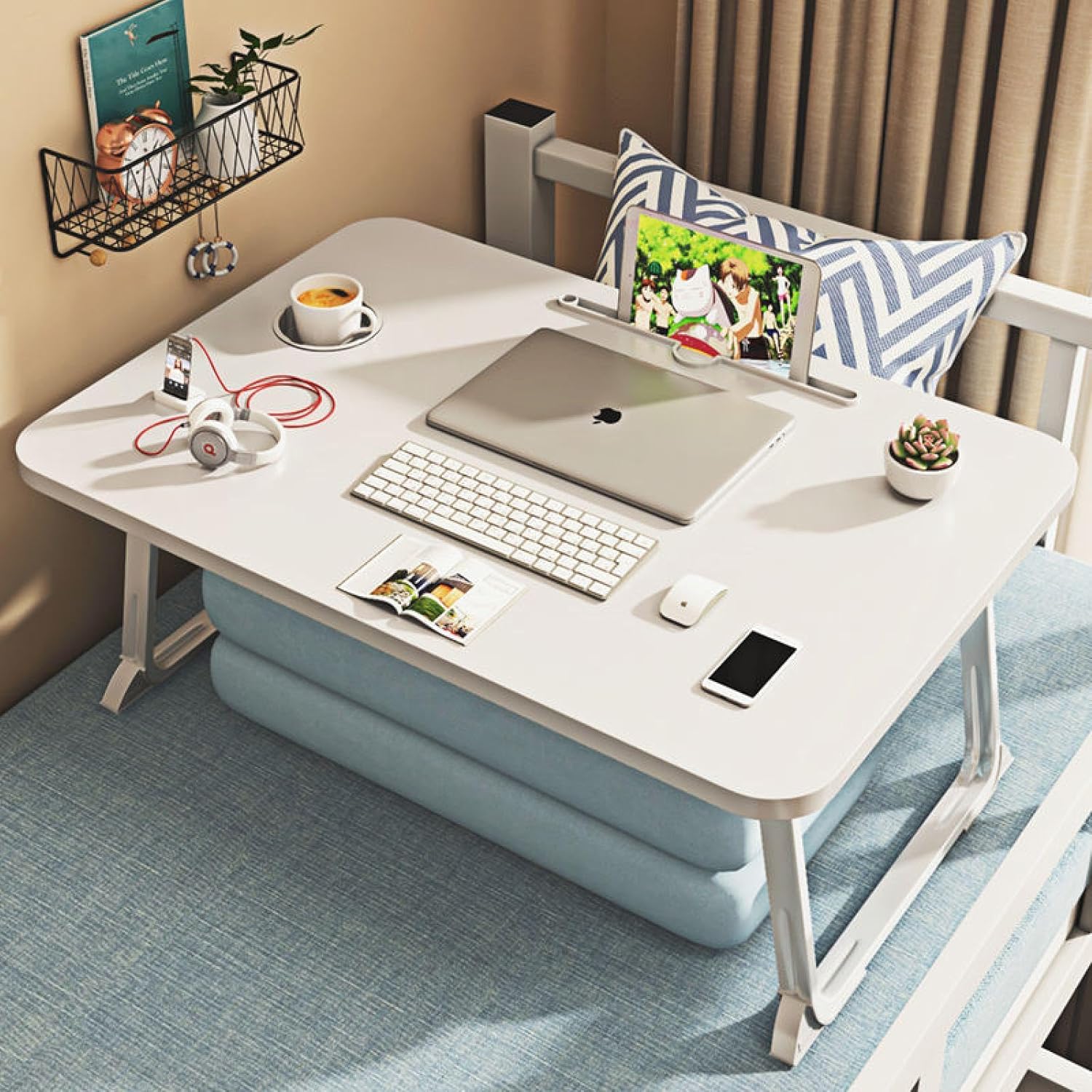 HOPKO Mesa plegable con cama alta, el libro se puede utilizar en el estudio de escritura de dormitorio de computadora portátil