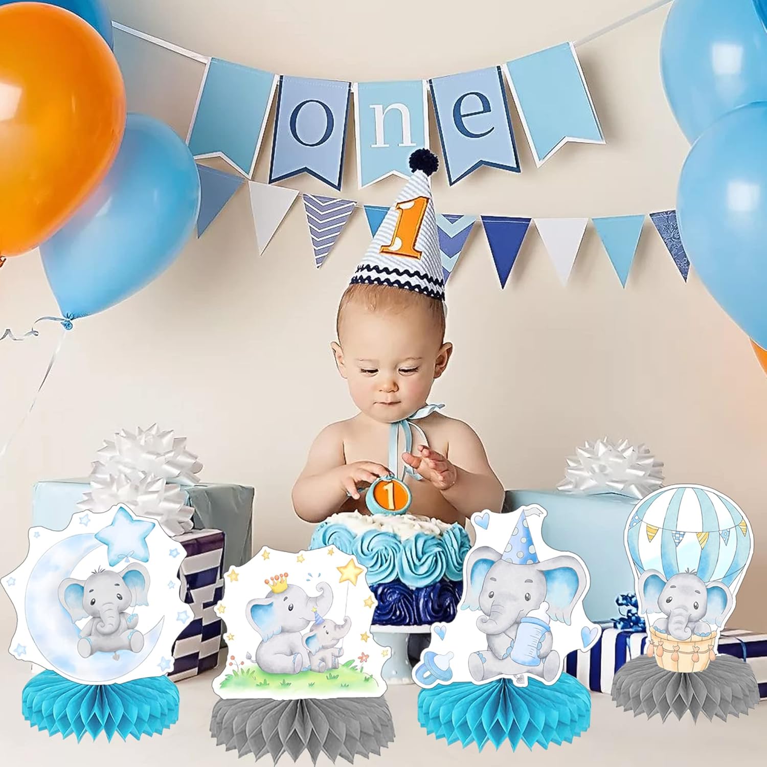 9 piezas de centro de mesa de nido de abeja de elefante azul, decoración de baby shower de elefante para niños, centros de mesa de baby shower,