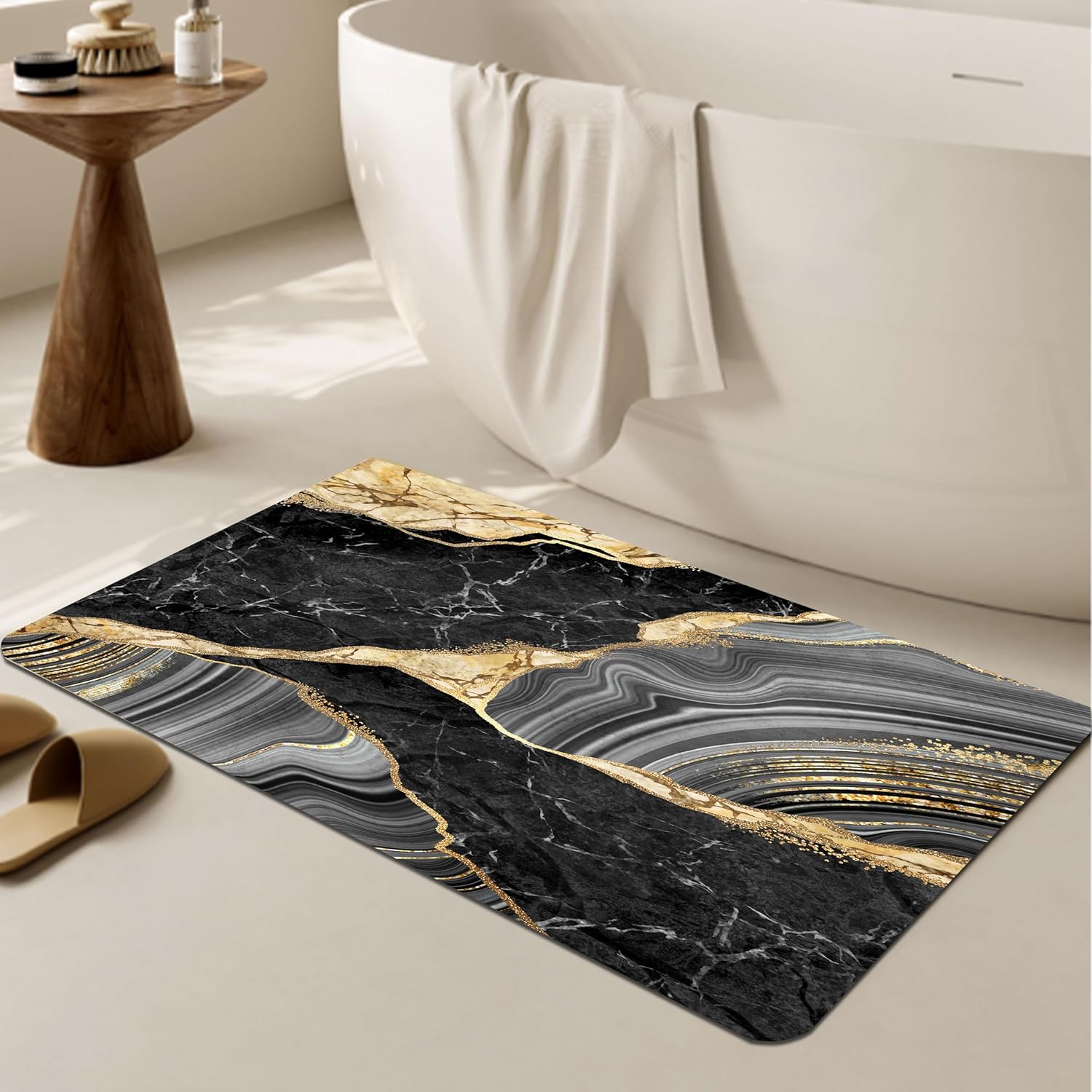 TESIQIMT Alfombra de baño, alfombra de baño de mármol negro y dorado, tapete antideslizante para decoración del hogar, tapete de barro para