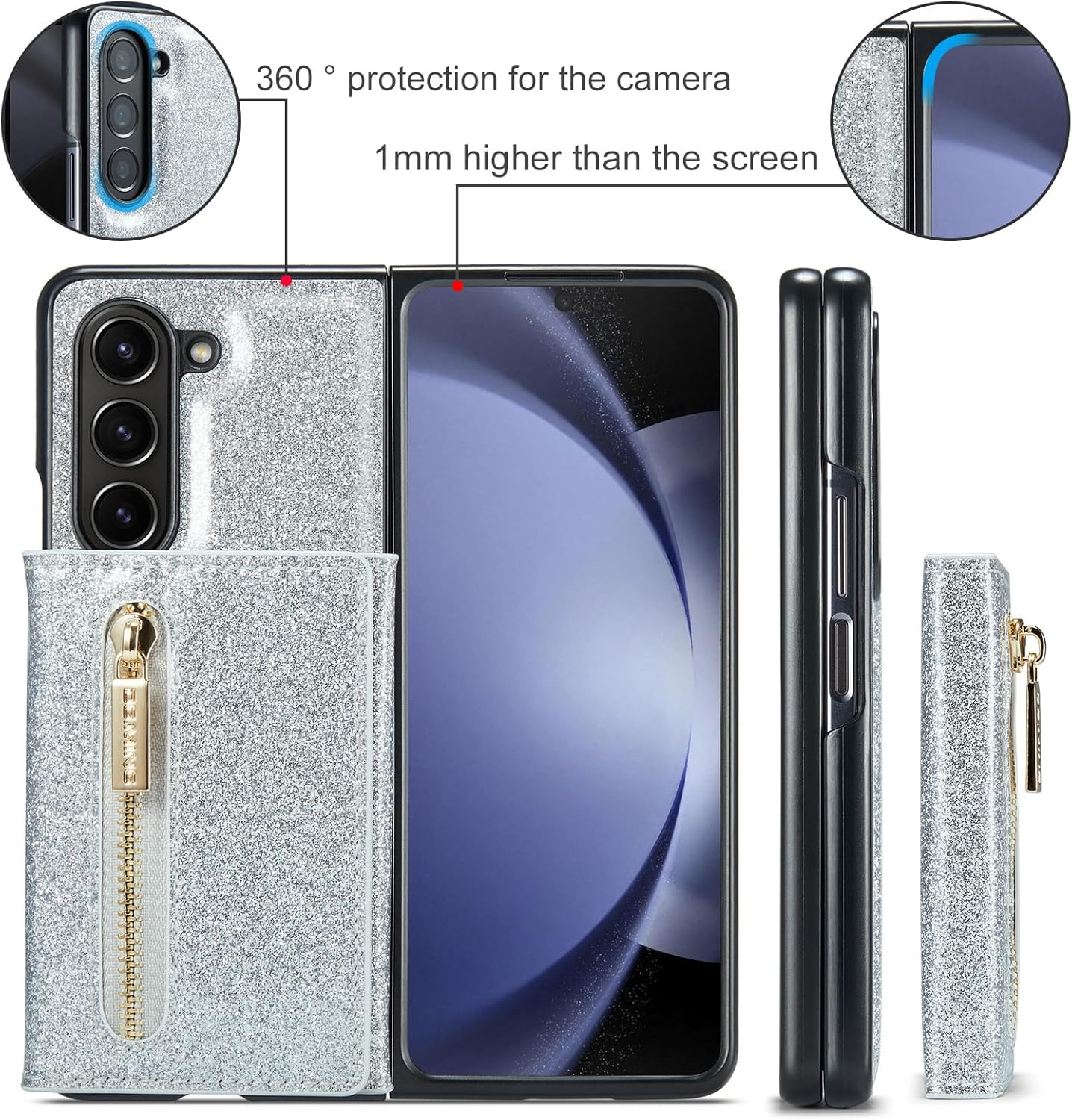 Asuwish Funda de teléfono para Samsung Galaxy Z Fold 5 5G Funda tipo cartera y ranura para tarjeta de crédito, soporte con purpurina de cuero