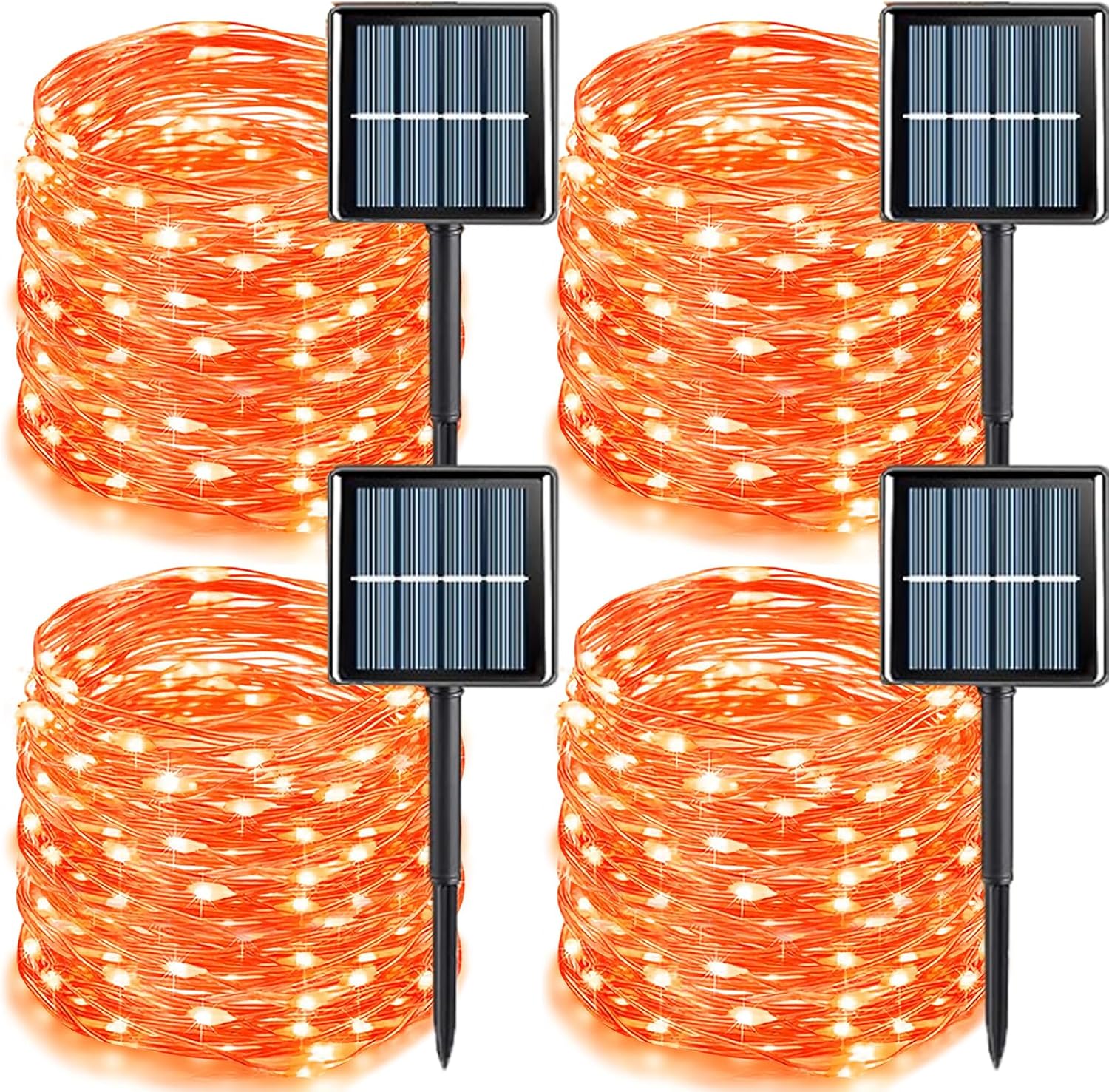 YEGUO Paquete de 4 luces solares naranjas impermeables para exteriores, cada 33 pies, 100 luces LED solares, 8 modos de luces solares