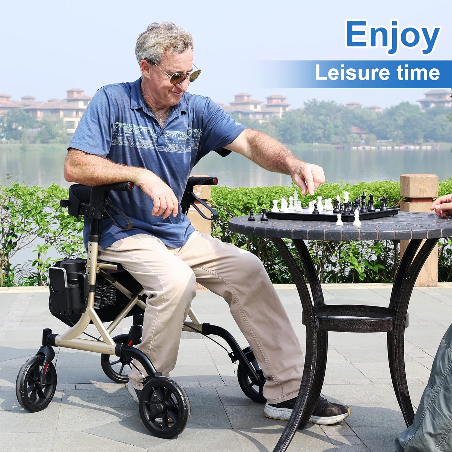 WALK MATE Andador con ruedas para personas mayores con soporte para tazas, botón de presión de pulgar mejorado para ajuste de altura, ruedas de 4 x