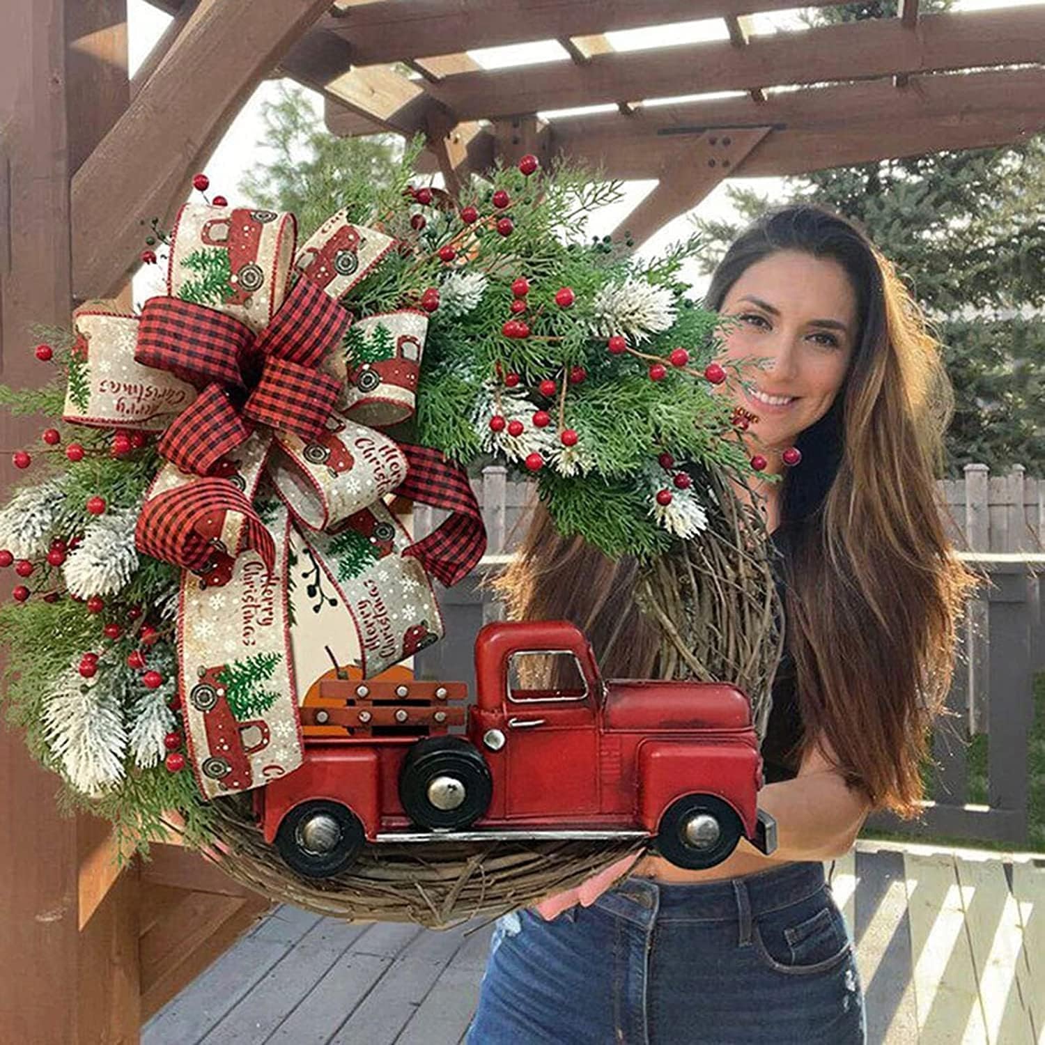 Corona de Navidad para puerta delantera, corona artificial de 17.7 pulgadas, corona de otoño para puerta delantera, coronas de granja de bienvenida