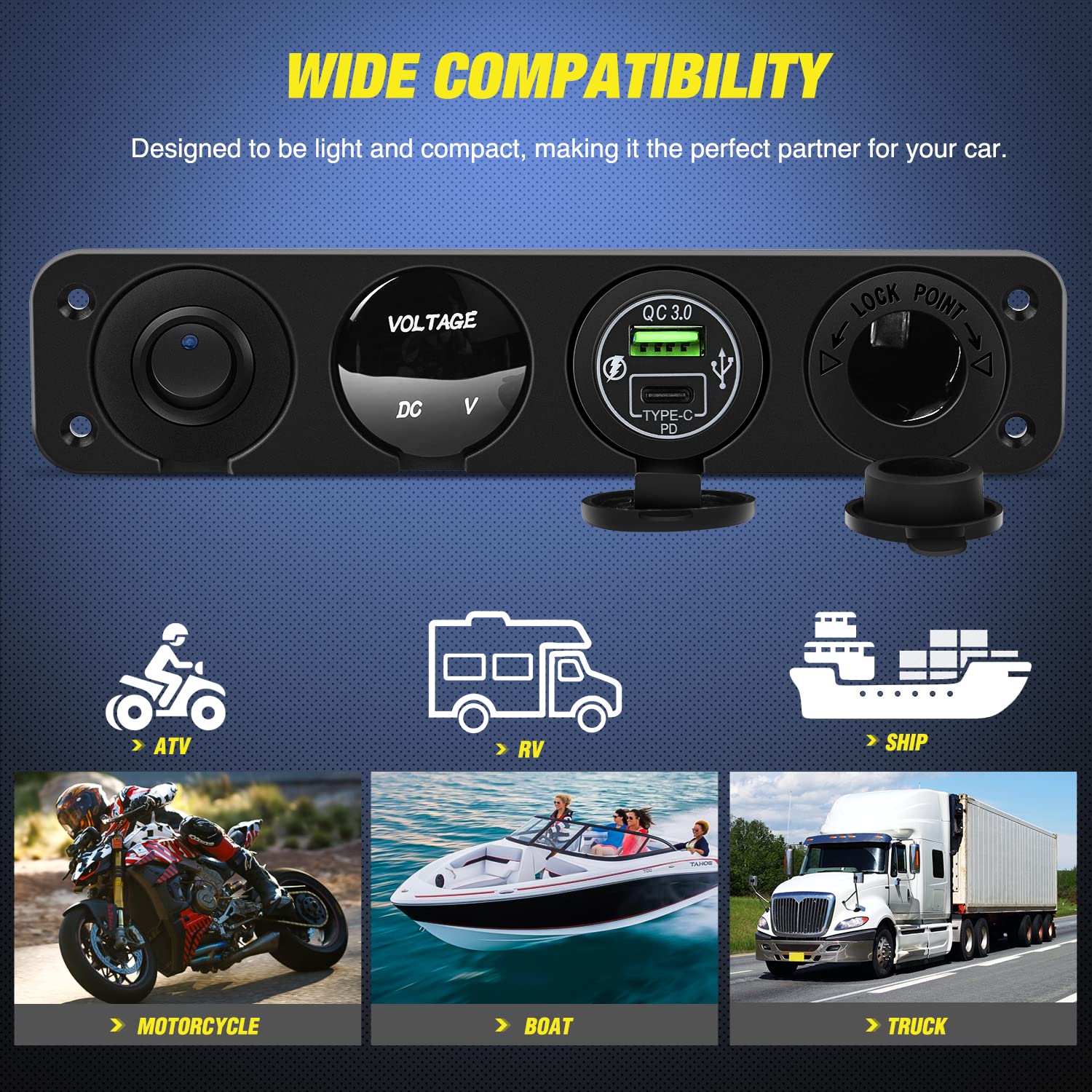 Nilight Panel de enchufe de cargador de encendidoapagado 4 en 1, PD tipo C y QC 3.0, toma de corriente USB, voltímetro LED, encendedor de