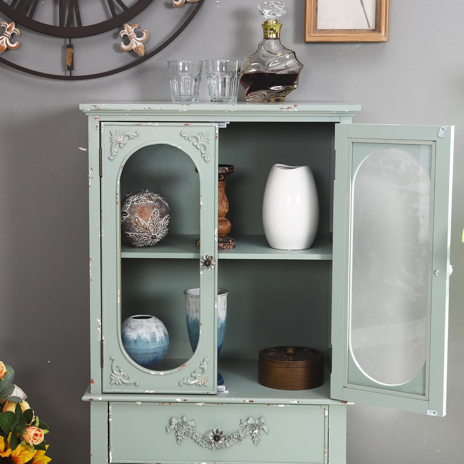 PHI VILLA Armario decorativo con puertas, armario de exhibición para aparador de buffet para sala de estar, gabinete de almacenamiento pequeño
