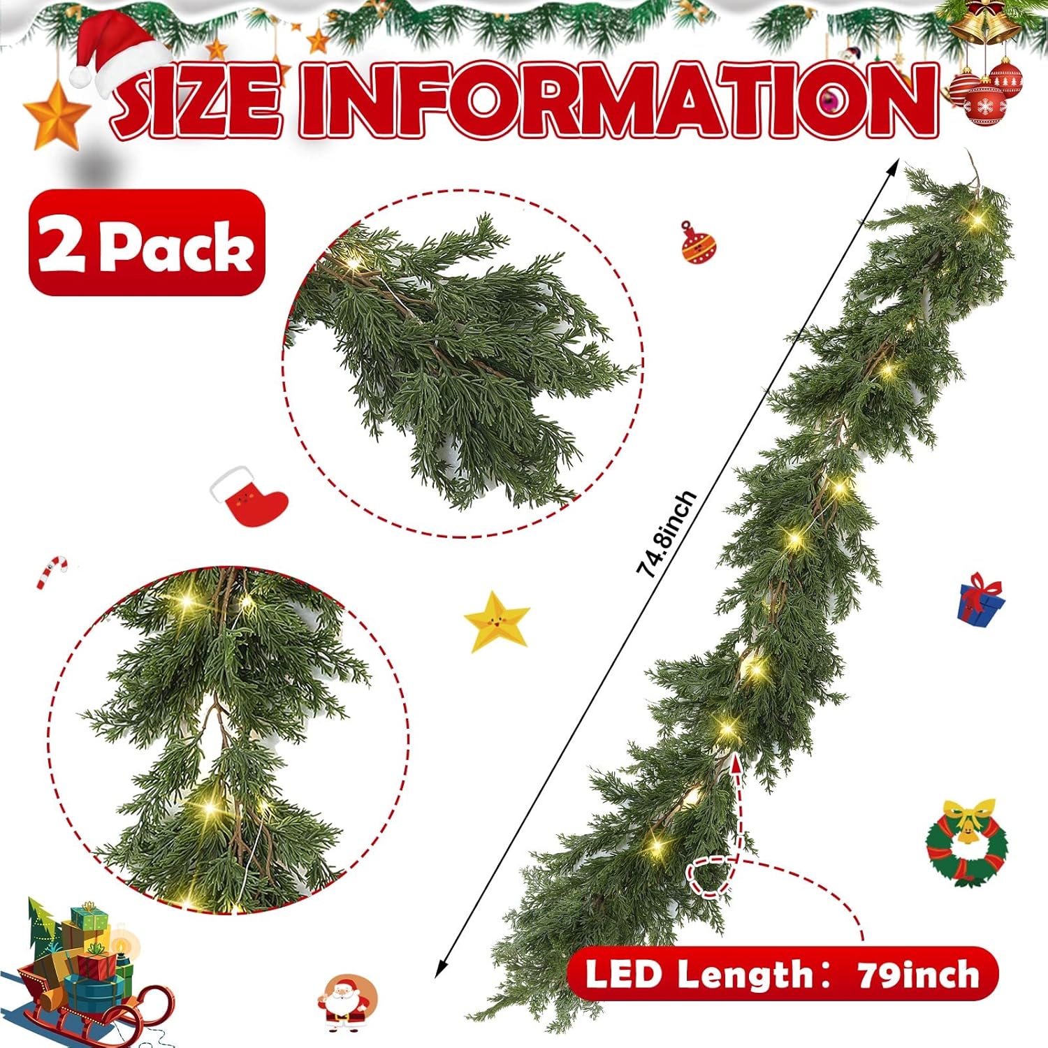 Paquete de 2 guirnaldas LED de cedro de Navidad, enredaderas artificiales de ciprés de pino con guirnalda ligera de Navidad con luces para mesa de