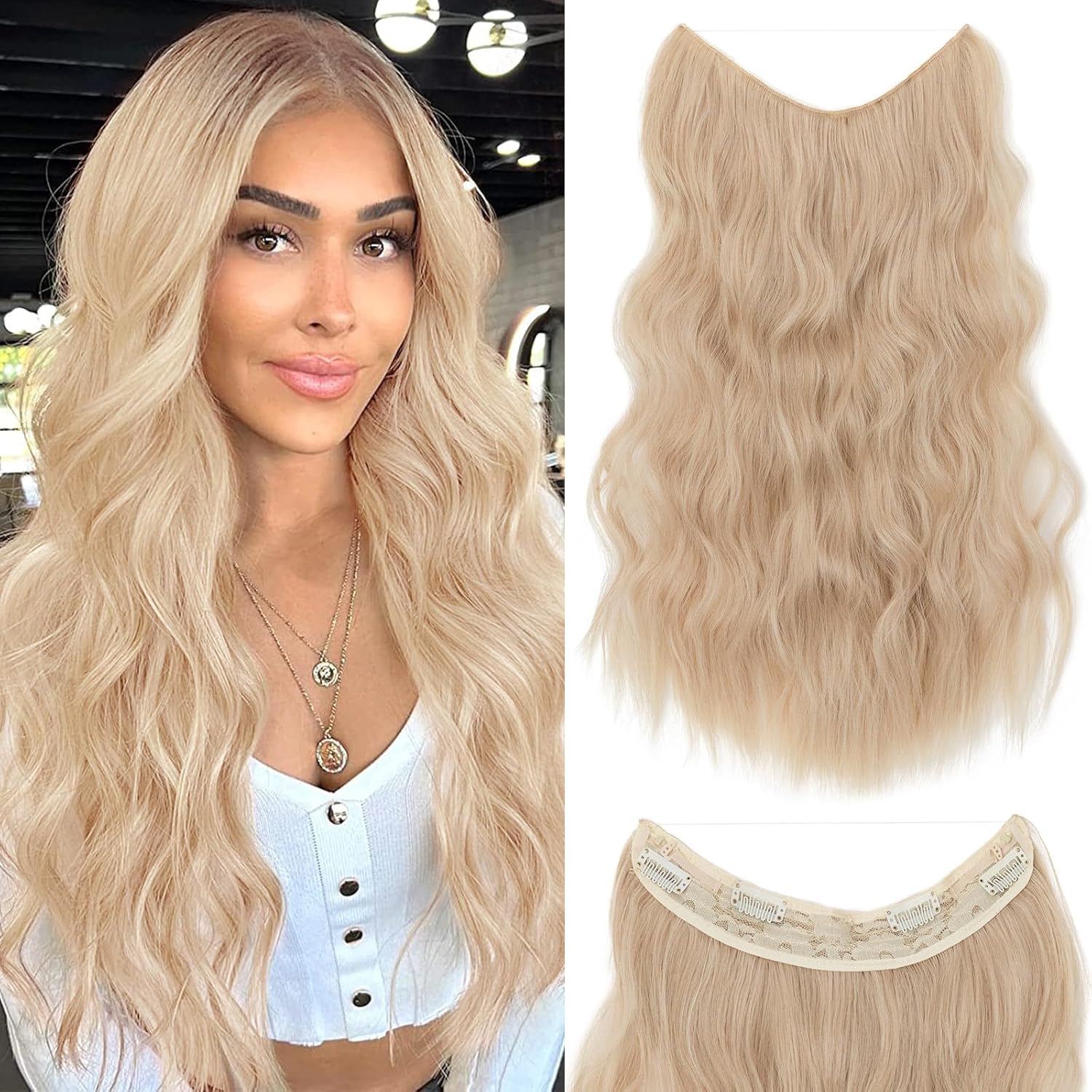 MY-LADY Extensiones de cabello con alambre invisible de 24 pulgadas, 5.96 oz, volumen grueso con diadema transparente, tamaño ajustable, 4 clips de