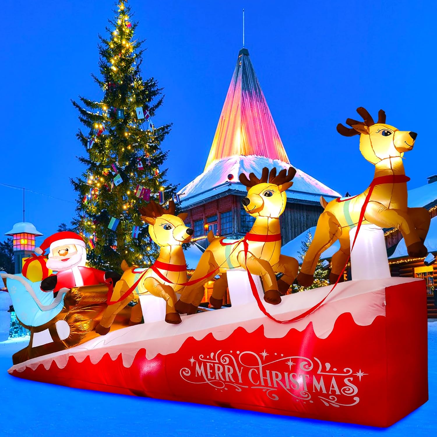 Inflables grandes de Navidad de 13.5 pies para patio al aire libre, Papá Noel inflable en trineo con 3 renos, decoración inflable iluminada para