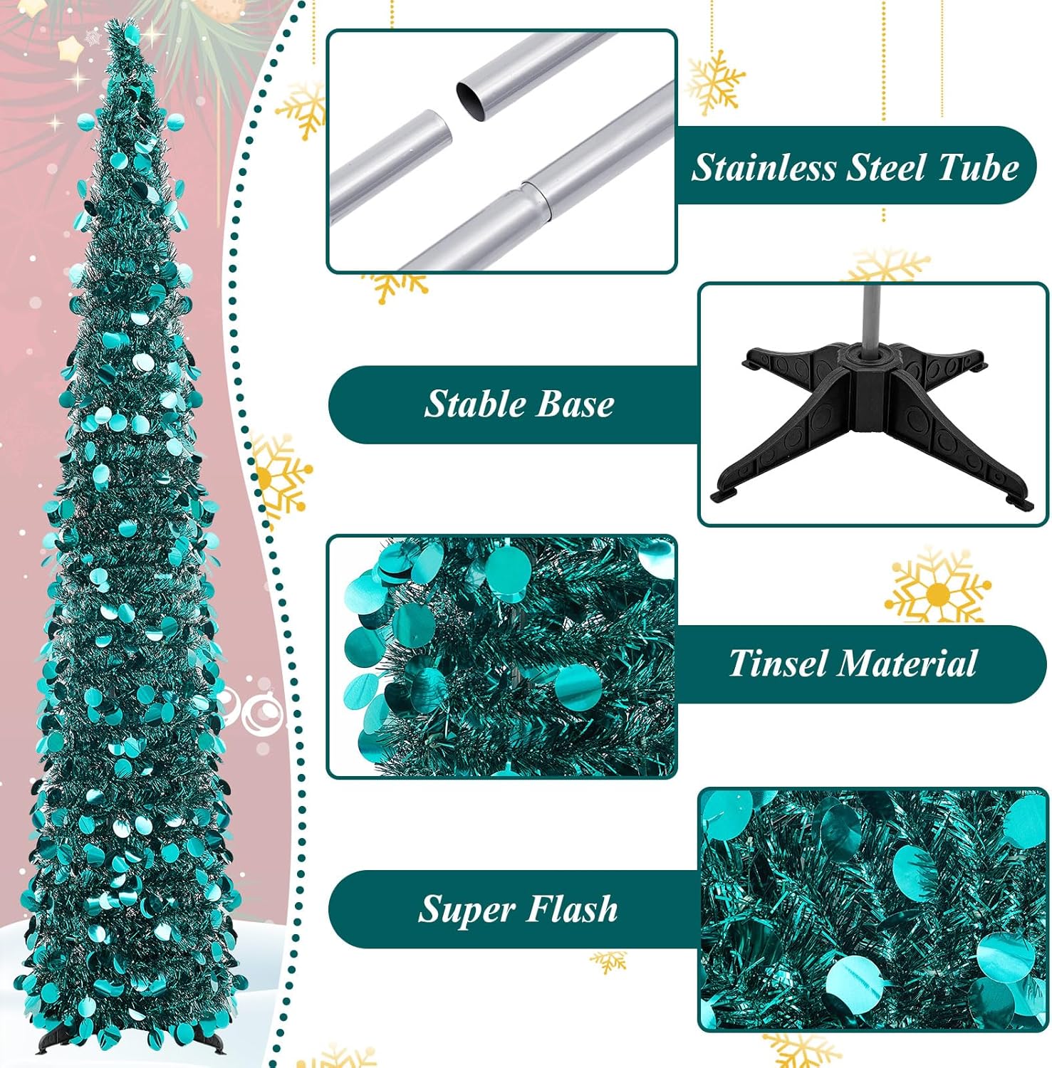 Shappy 2 árboles de Navidad plegables de 5 pies, árbol de Navidad artificial de oropel para decoración del hogar, oficina, interior, dormitorio,