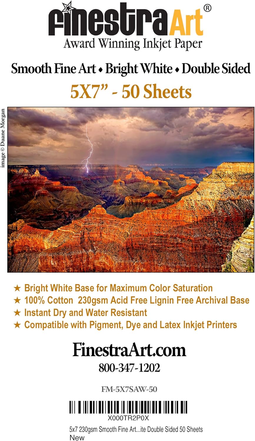 5″ X 7″ Smooth Fine Art Archive – Inyección de tinta de doble cara blanca brillante – 50 hojas
