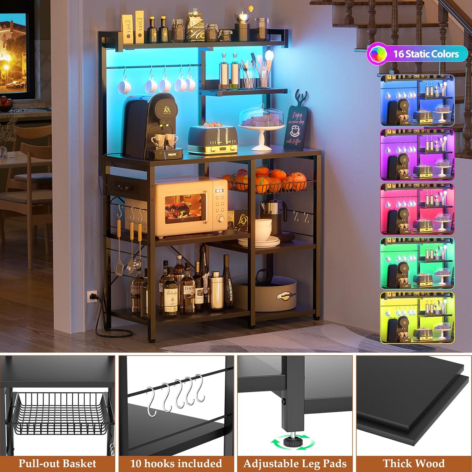 Aheaplus Estante para panaderos con toma de corriente y cuerdas de luz LED, soporte para horno de microondas, estante de almacenamiento de cocina