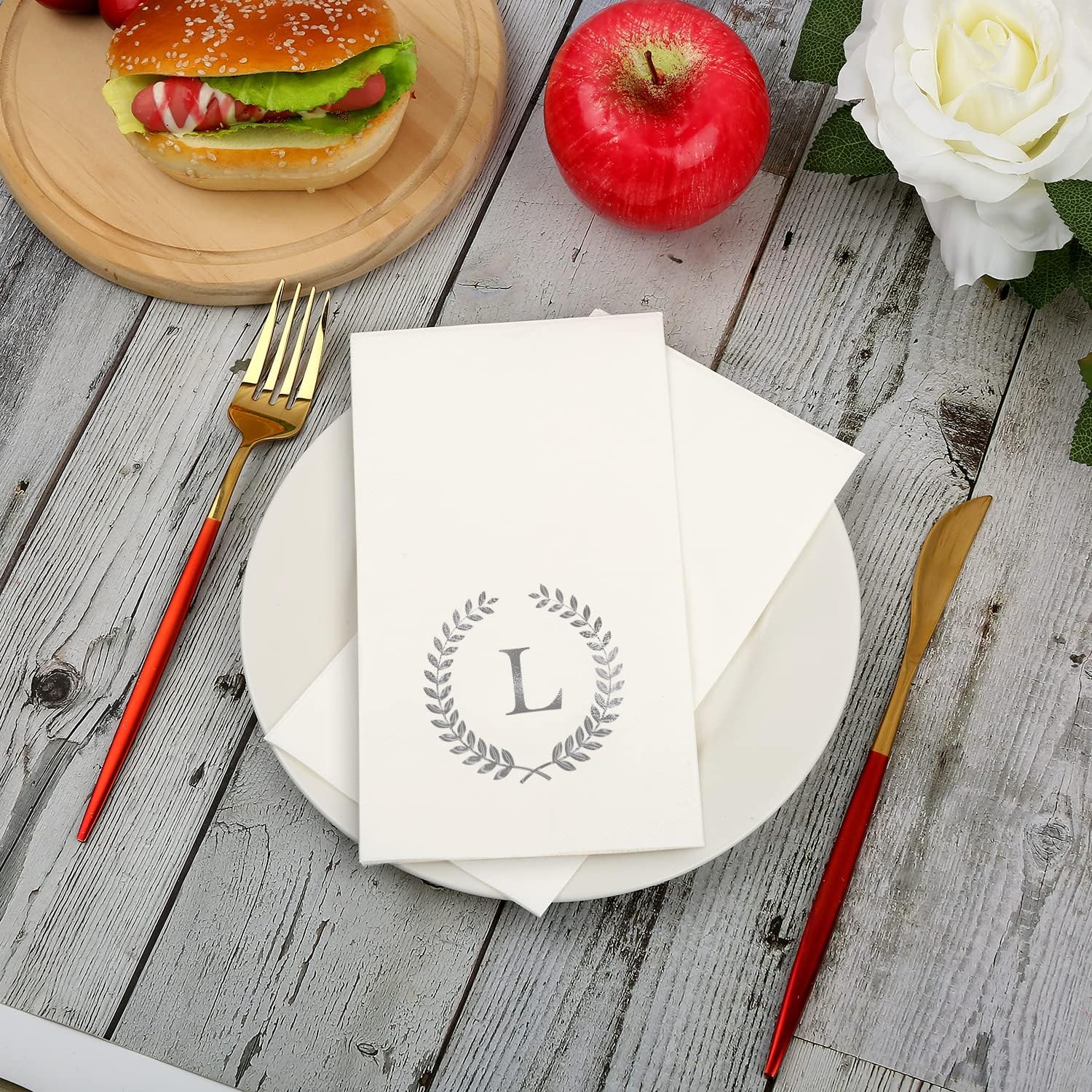 Paquete de 200 servilletas desechables con monograma de papel de aluminio plateado con letra L, toallas de papel desechables para boda, compromiso,